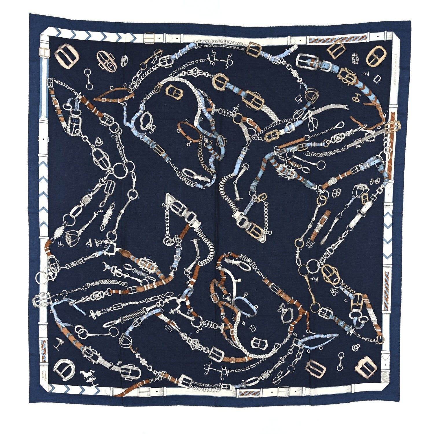 Cashmere Silk Chevaux Dechaines Shawl 140 Marine Fonce White Noisette