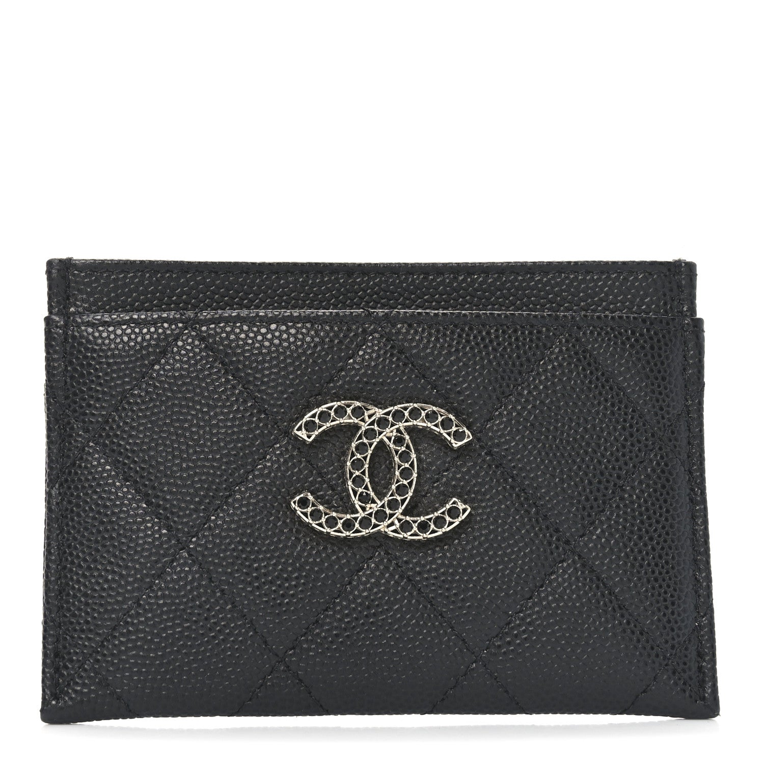 Shiny Caviar Quilted Strass CC Card Holder Black