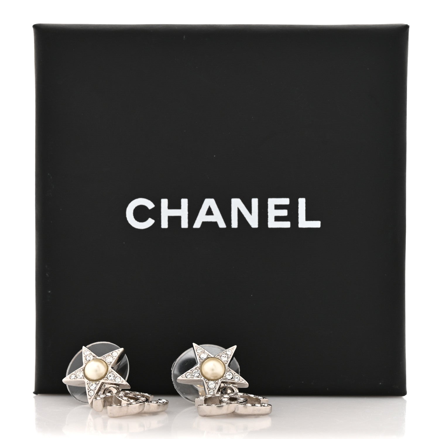 Crystal CC Pearl Star Drop Earrings Silver