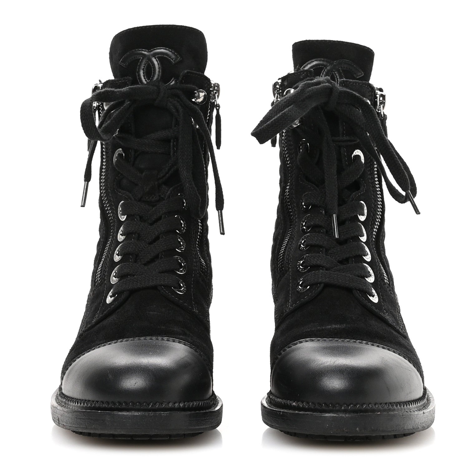Suede Calfskin Quilted Lace Up Combat Boots 37 Black