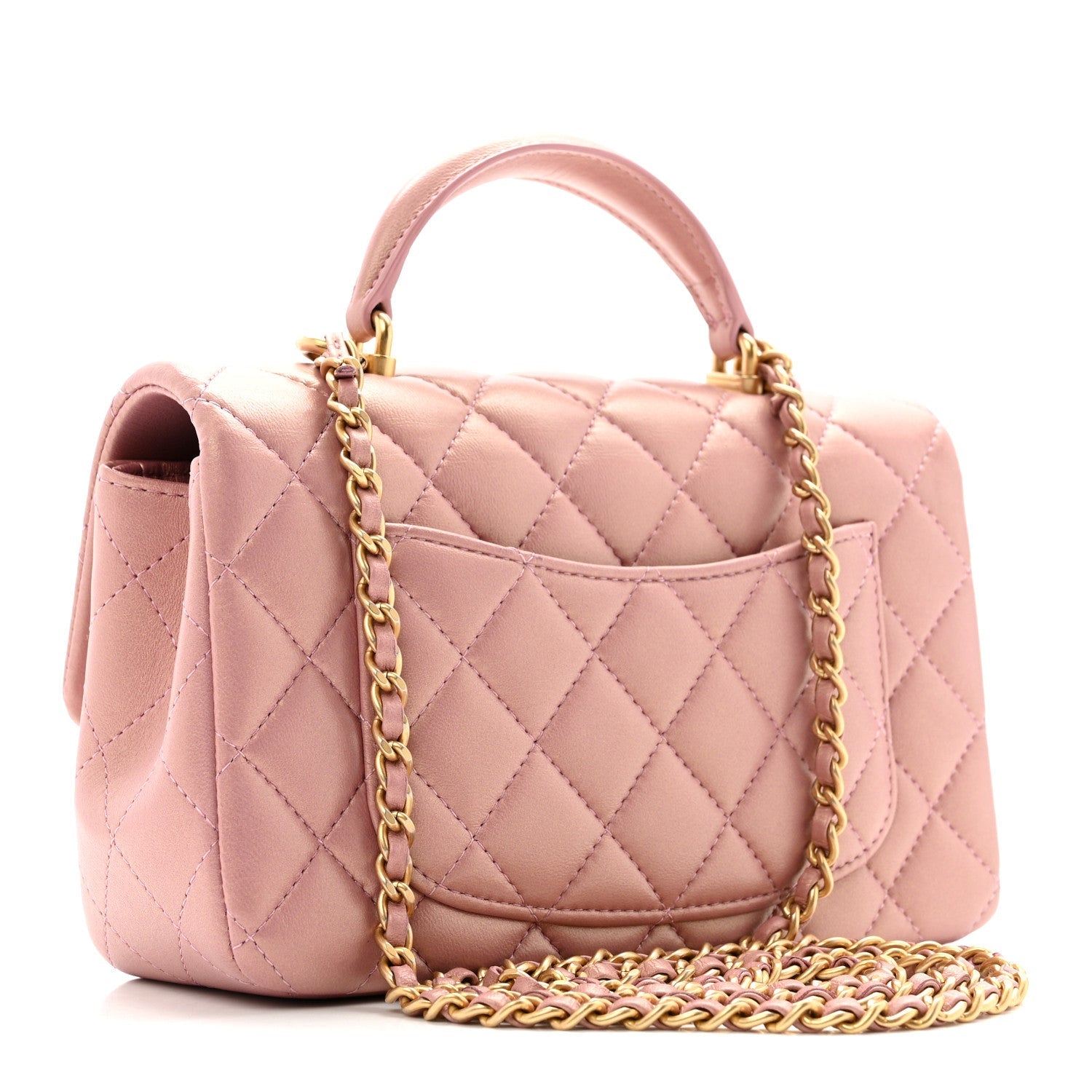 Iridescent Lambskin Quilted Mini Top Handle Rectangular Flap Pink