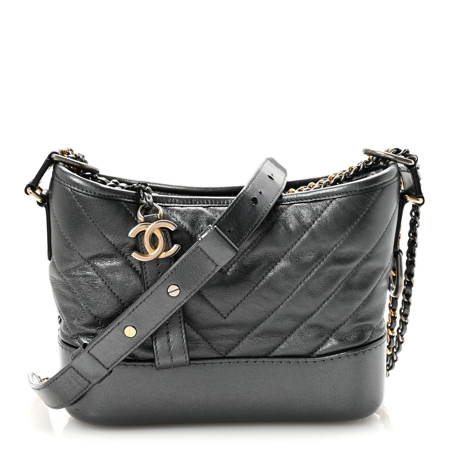 Metallic Aged Calfskin Chevron Quilted Small Gabrielle Hobo Dark Grey