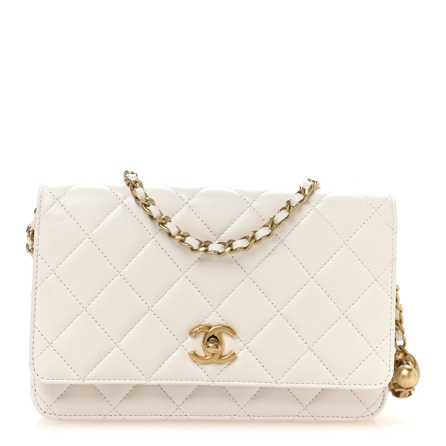 Lambskin Quilted CC Pearl Crush Wallet on Chain WOC White