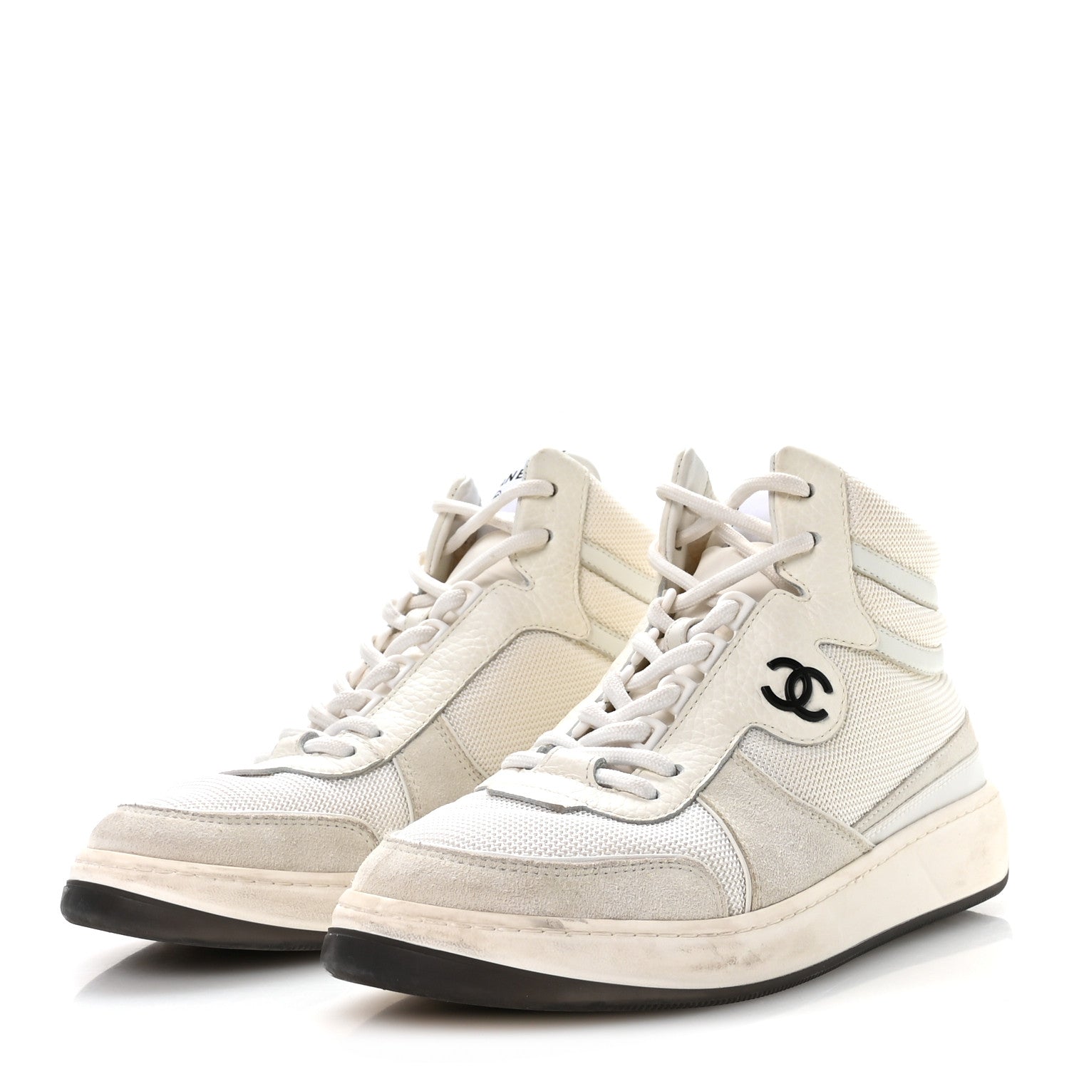 Suede Fabric Grained Calfskin Womens CC High Top Sneakers 38 White