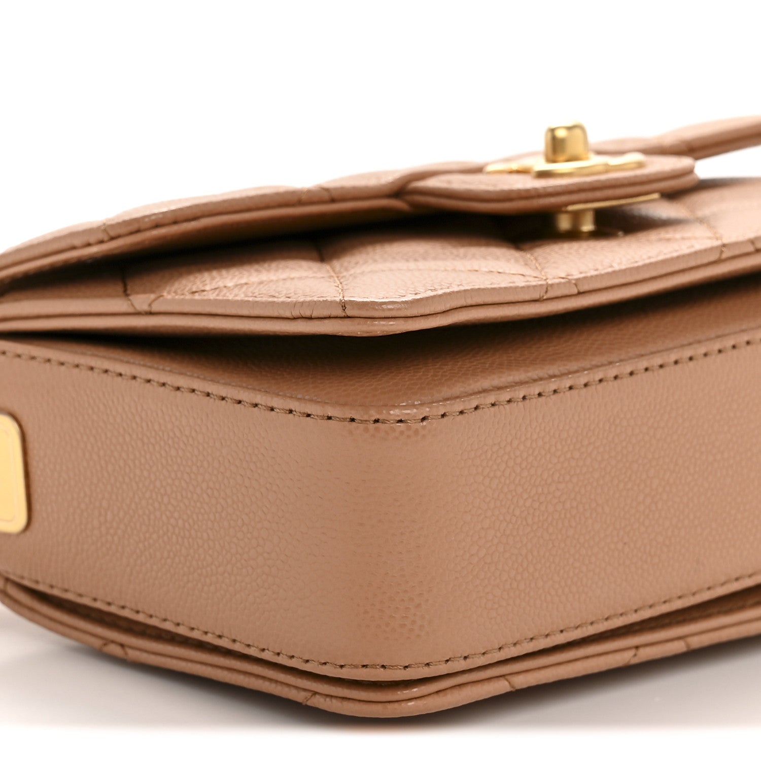 Shiny Caviar Quilted Mini Top Handle Flap Bag Camel