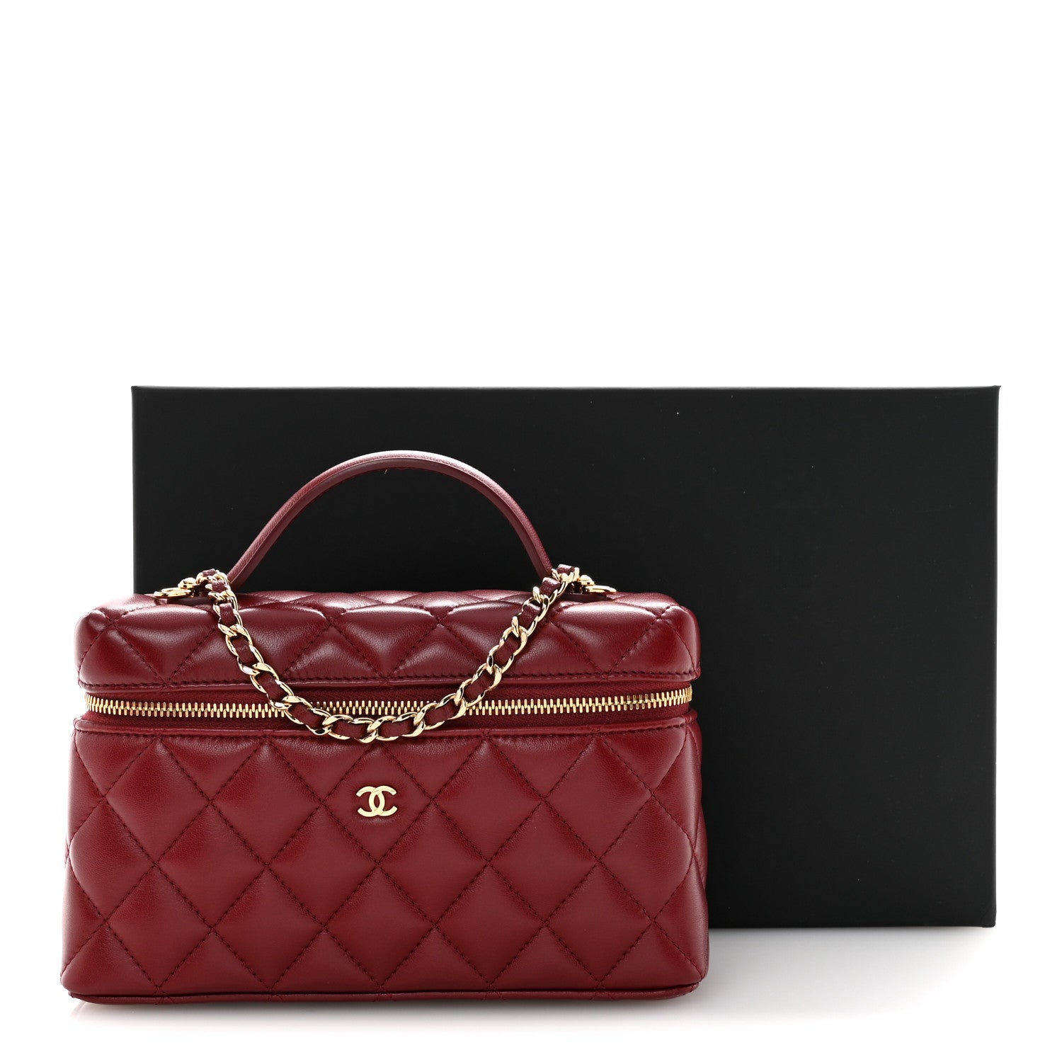 Lambskin Quilted Top Handle Slim Vanity With Chain Burgundy