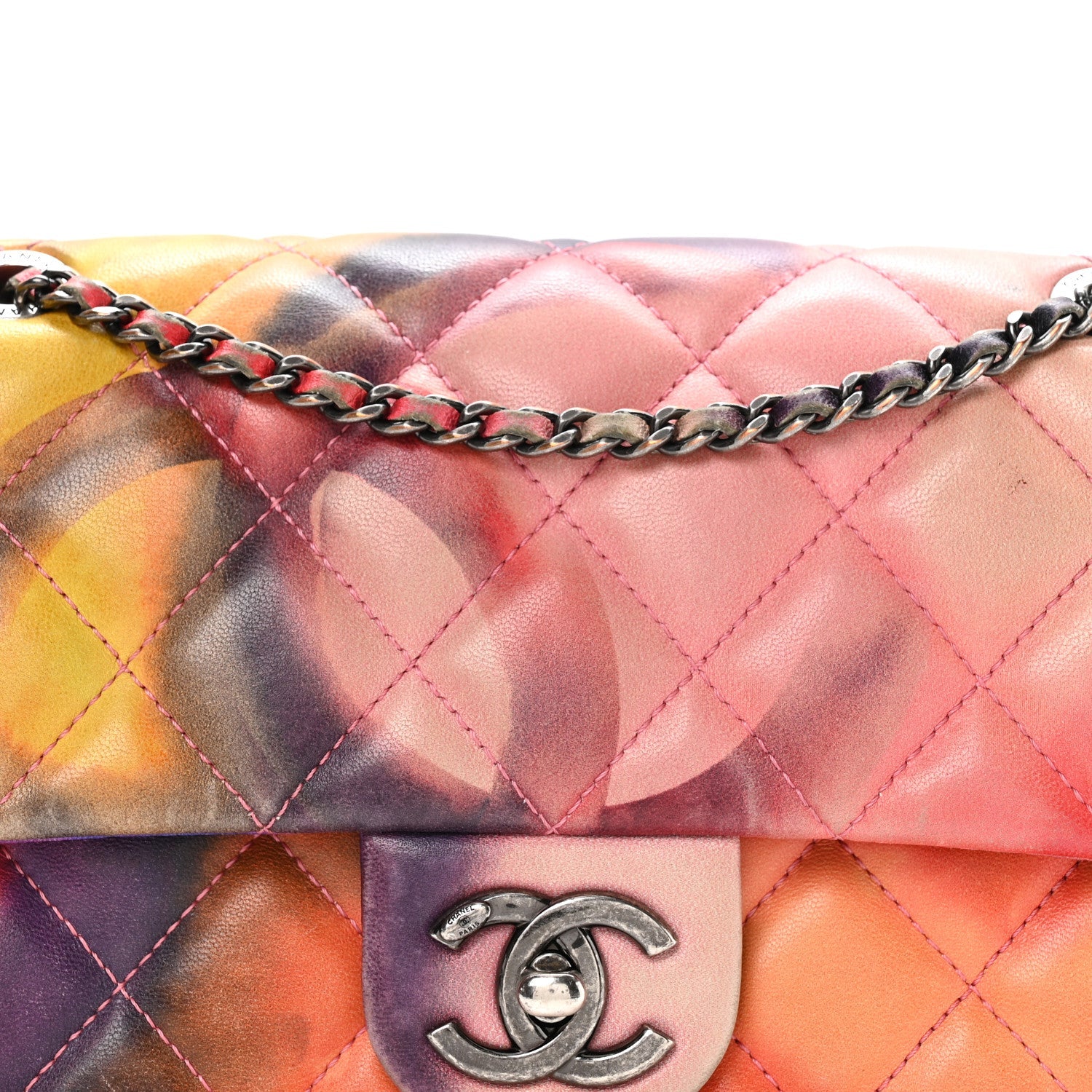 Printed Lambskin Quilted Small Flower Power Flap Ecru Orange Red Purple