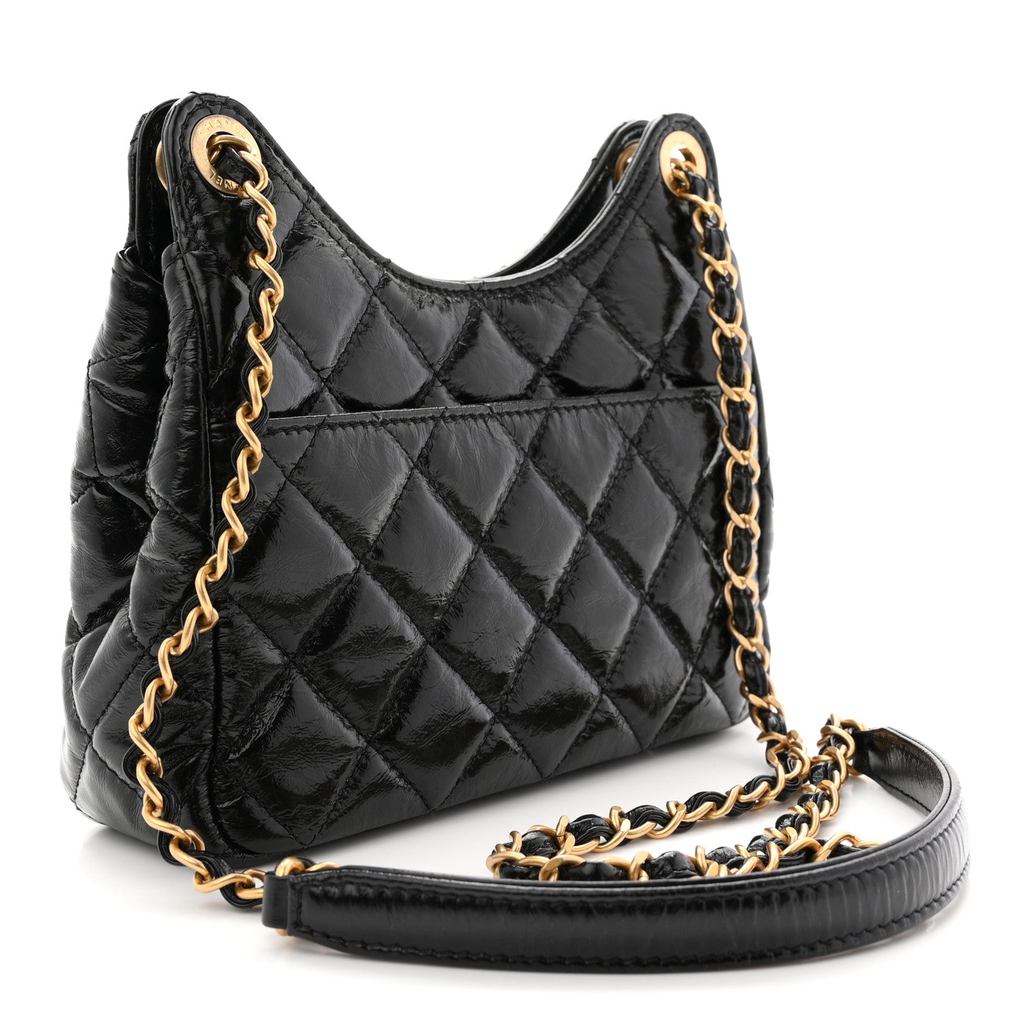 Shiny Crumpled Calfskin Quilted Small Wavy CC Hobo Black