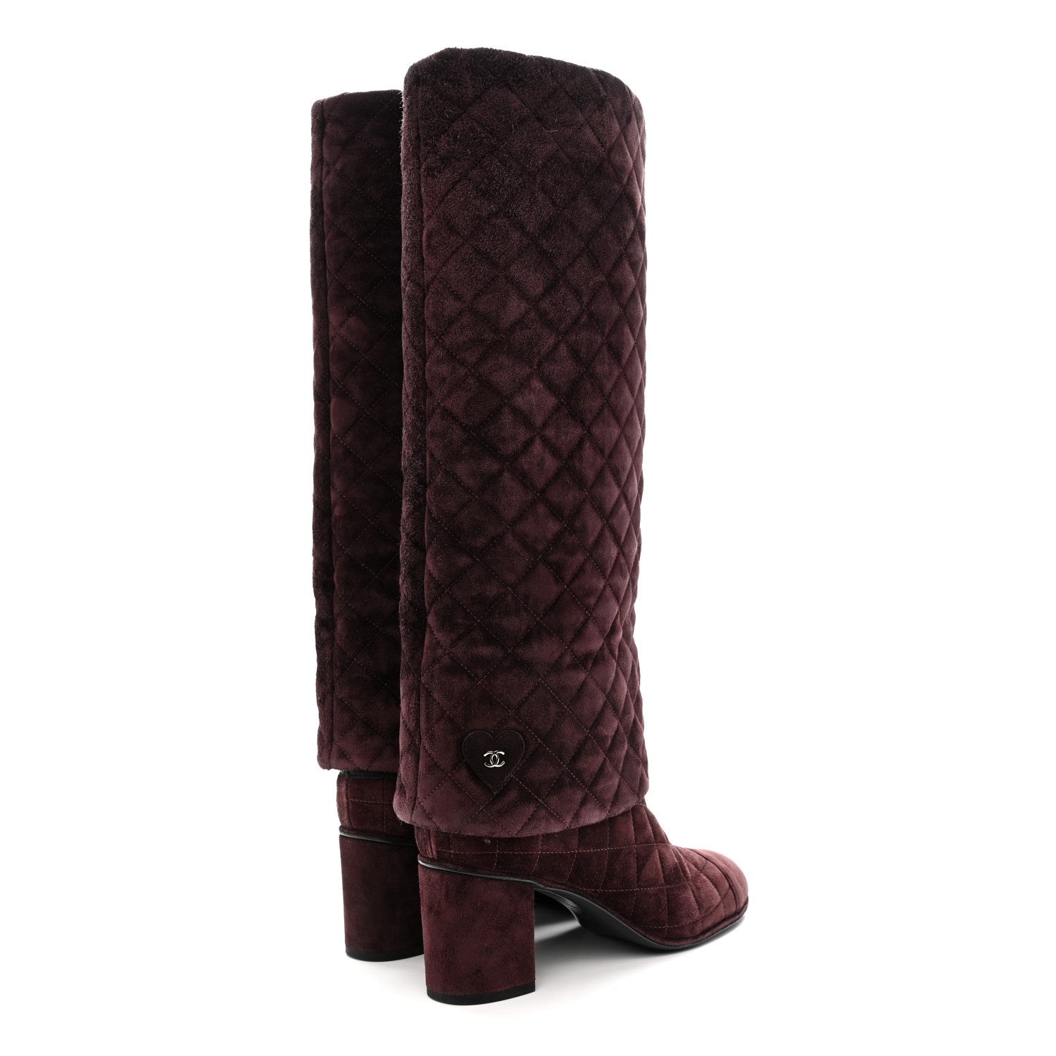 Suede Calfskin Quilted CC Fold Over High Boots 38.5 Dark Purple