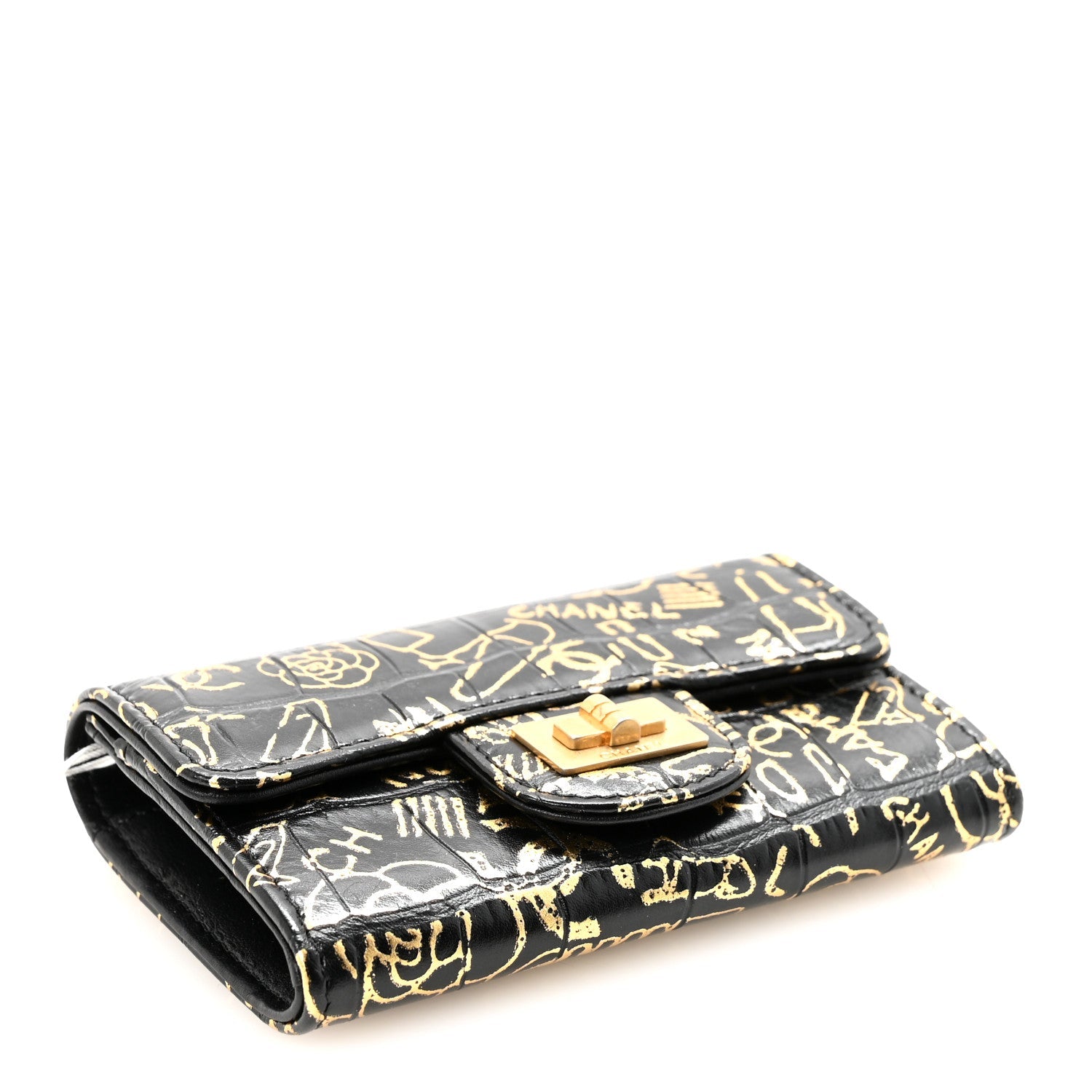 Calfskin Crocodile Embossed Graffiti 2.55 Cocodile Reissue Flap Card Holder Black Gold