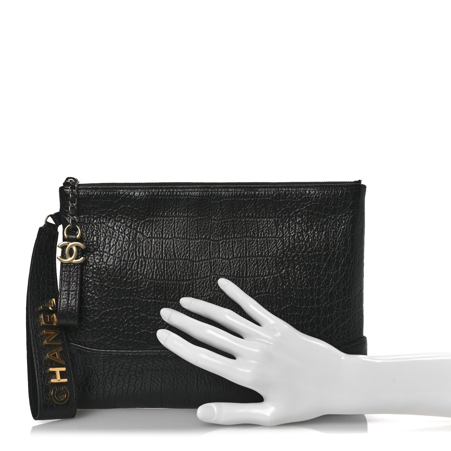 Calfskin Crocodile Embossed Quilted Medium Gabrielle Cosmetic Case Black
