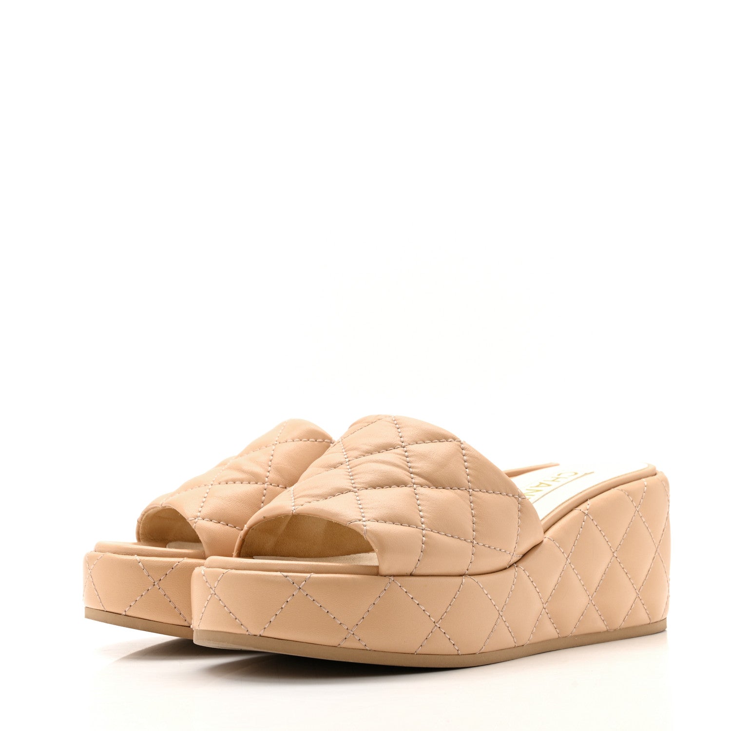 Lambskin Quilted Camelia CC Wedge Sandal Mules 38 Beige