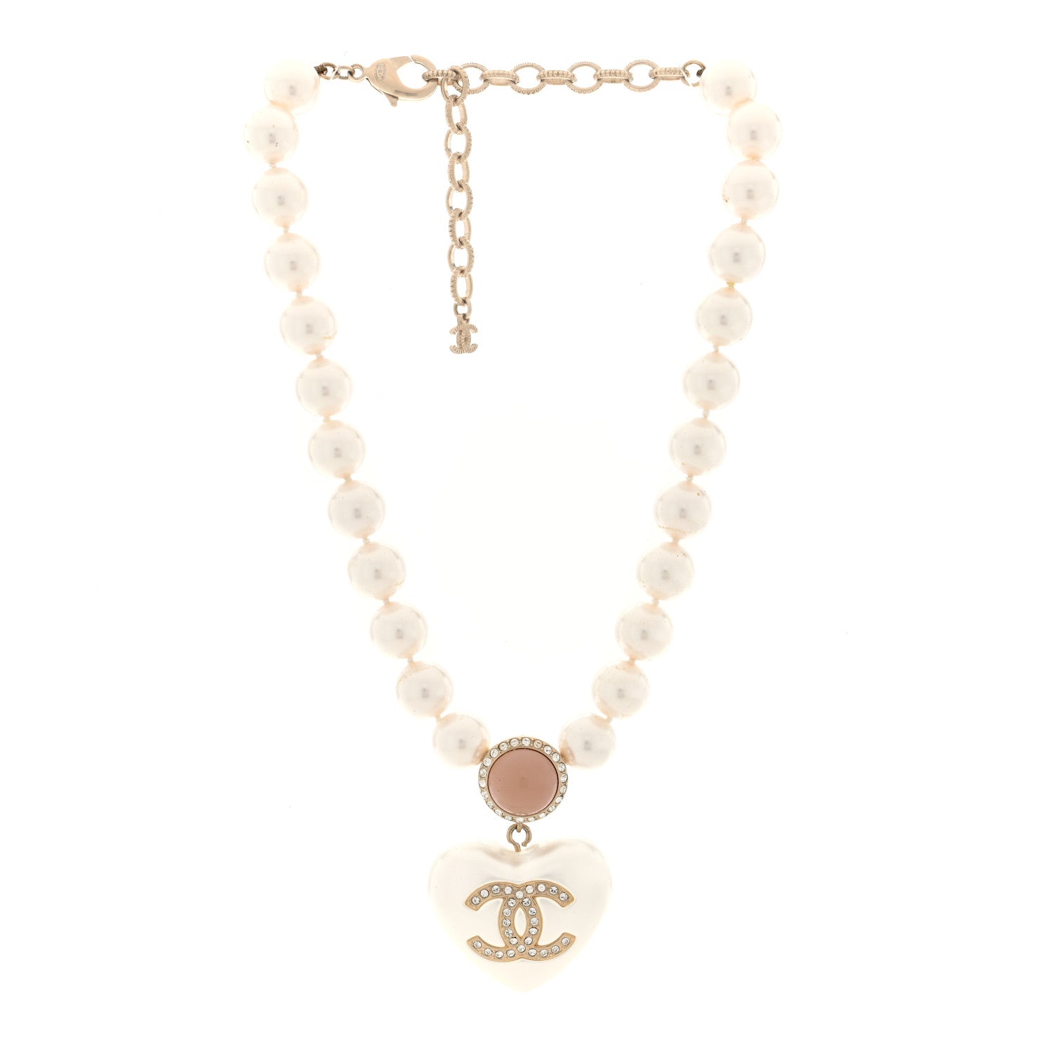 Pearl Crystal CC Heart Short Necklace Gold Pearly White Pink