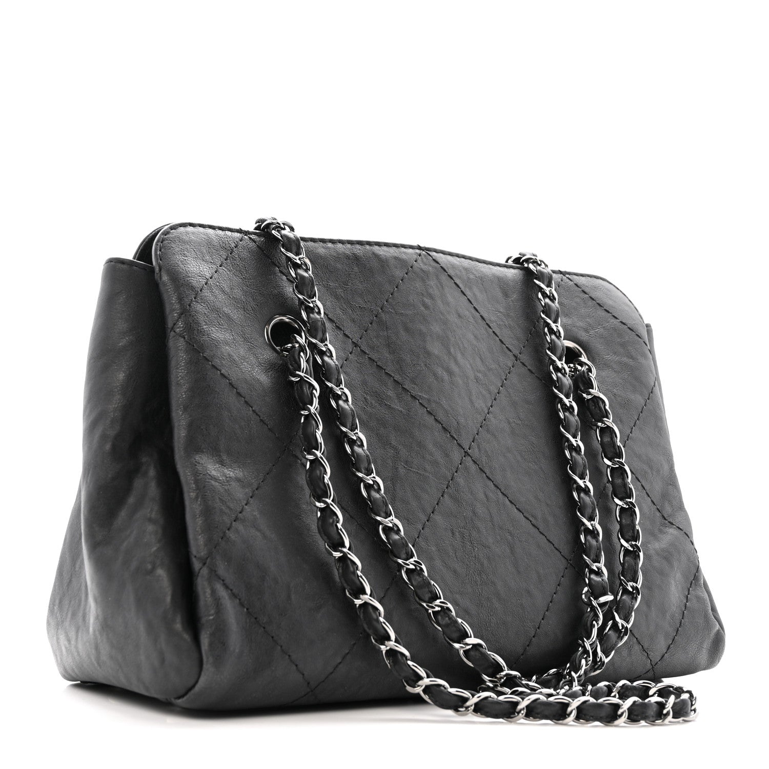 Washed Calfskin Diamond Stitch Hamptons Shopping Tote Black