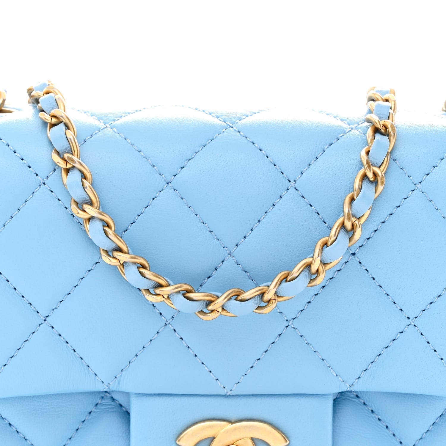 Lambskin Quilted Mini Pearl Crush Flap Light Blue
