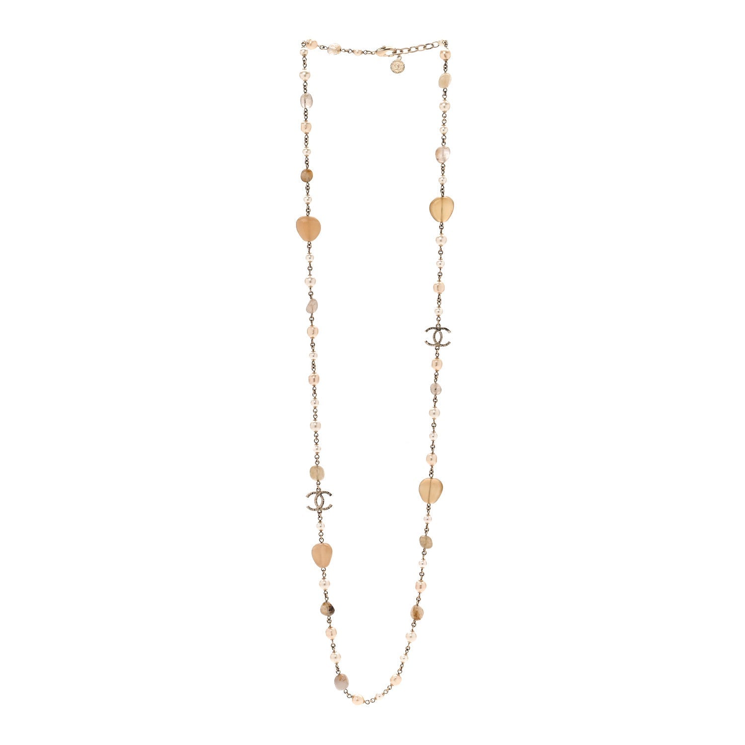Pearl Glass Bead CC Long Necklace Gold