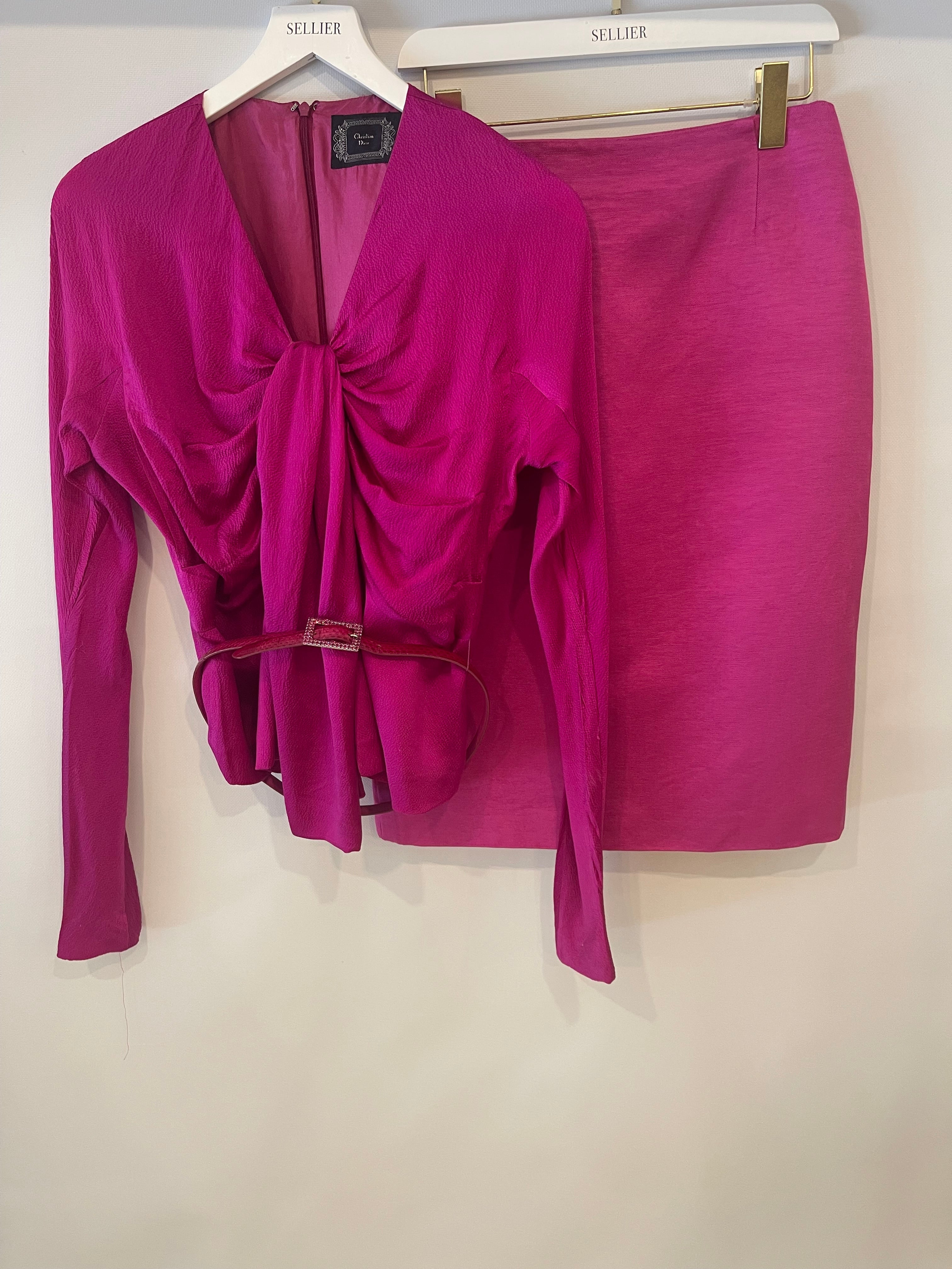 Christian Dior Hot Pink Silk Top and Skirt Set with Crystal Belt Detail Size FR 42 (UK 14)