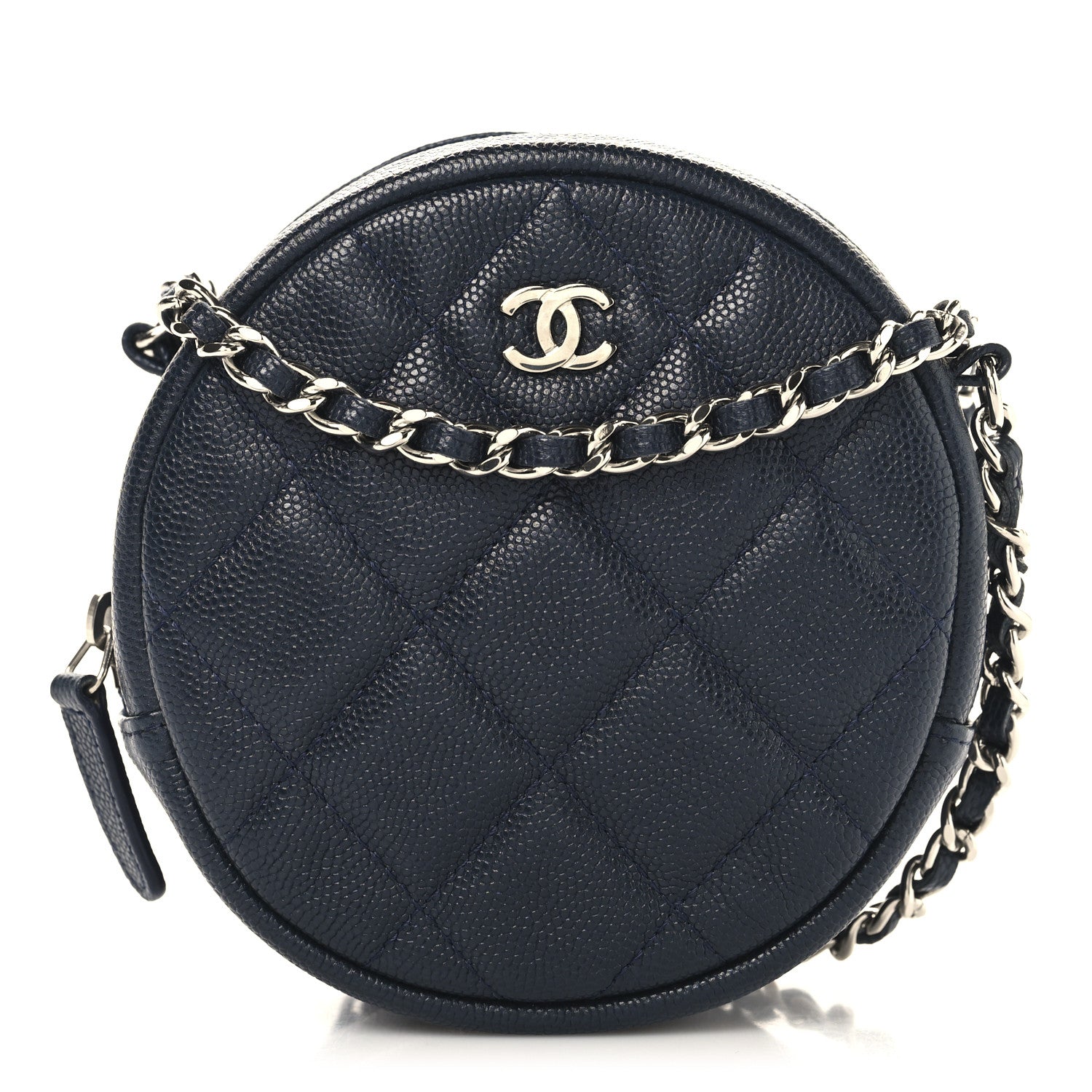 Caviar Quilted Round Clutch With Chain Navy