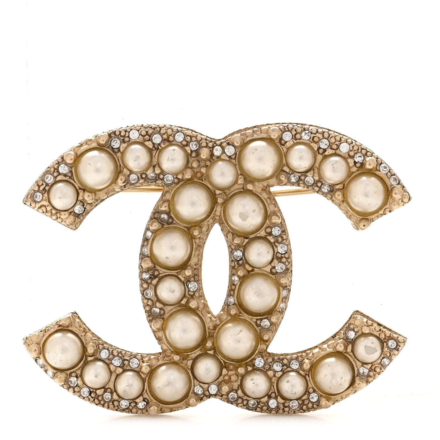 Metal Crystal Graduated Pearl CC Brooch Gold