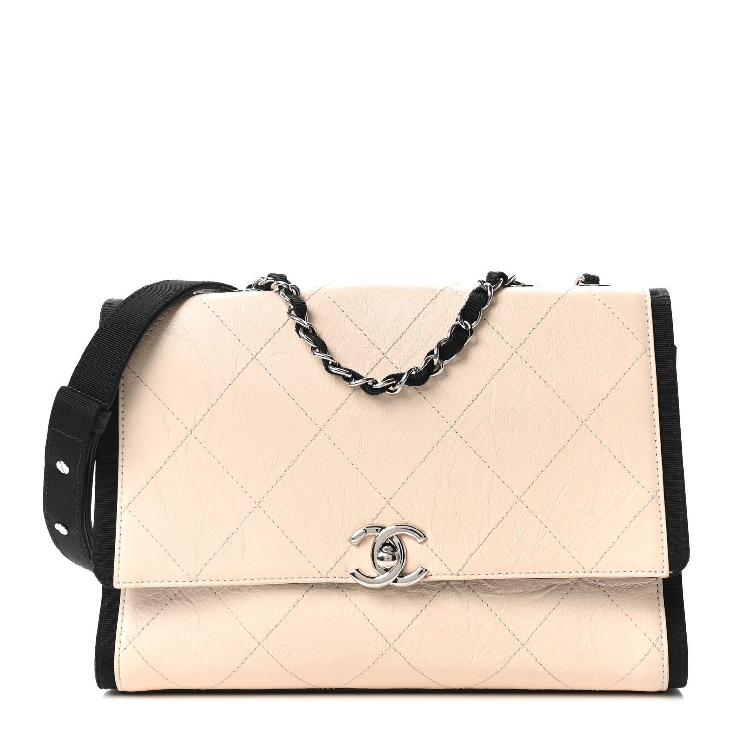 Aged Calfskin Grosgrain Quilted Chain CC Flap Ivory Black