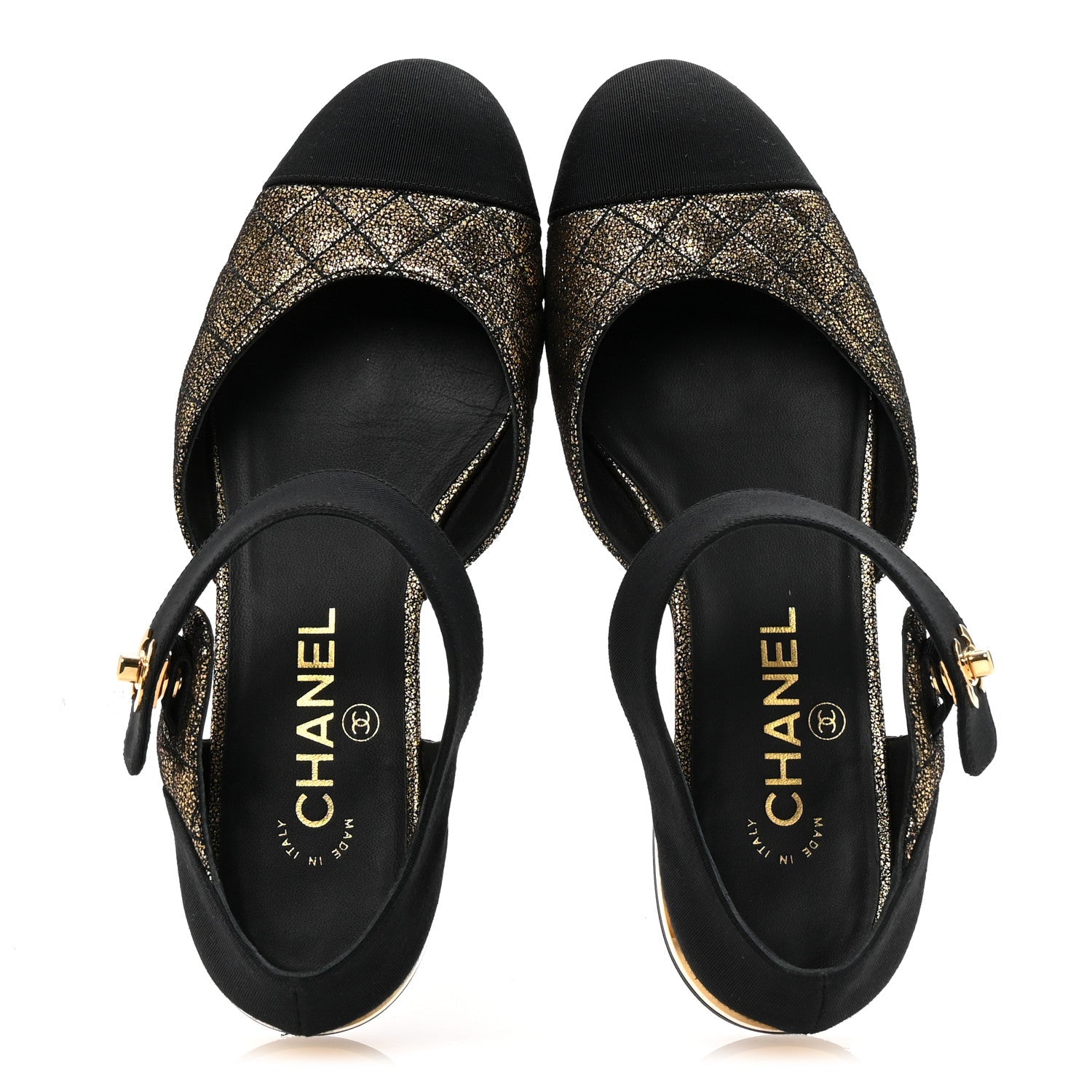 Laminated Suede Kidskin Grosgrain Quilted Cap Toe Ballerina Flats 37.5 Gold Black