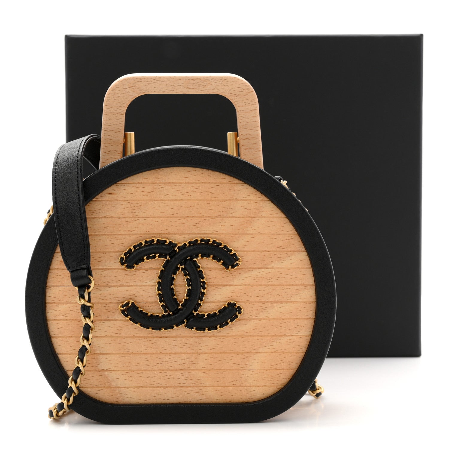 Beech Wood Lambskin Round CC Vanity Case Black