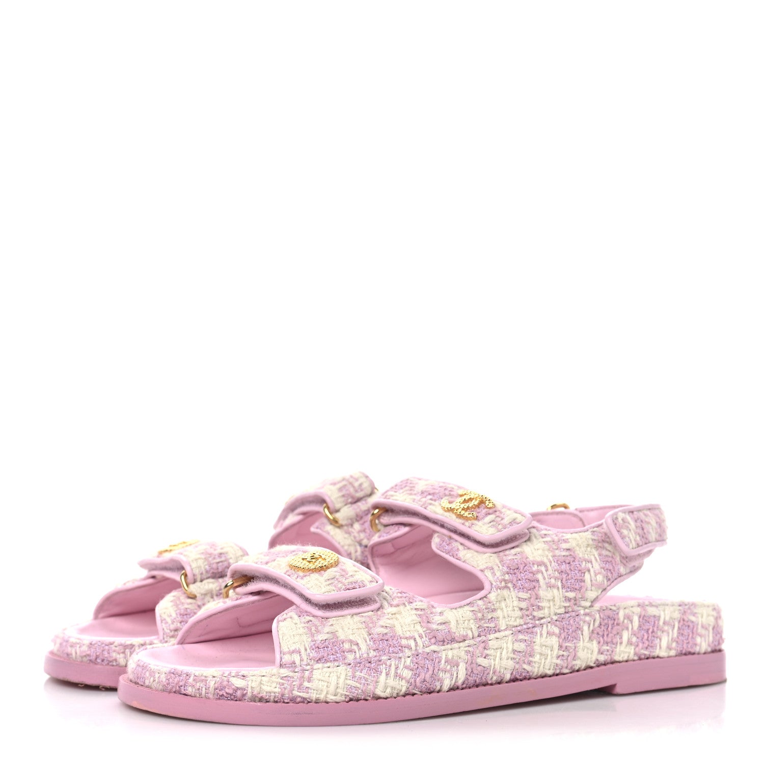 Cotton Tweed Velcro Dad Sandals 38 Pink Ecru