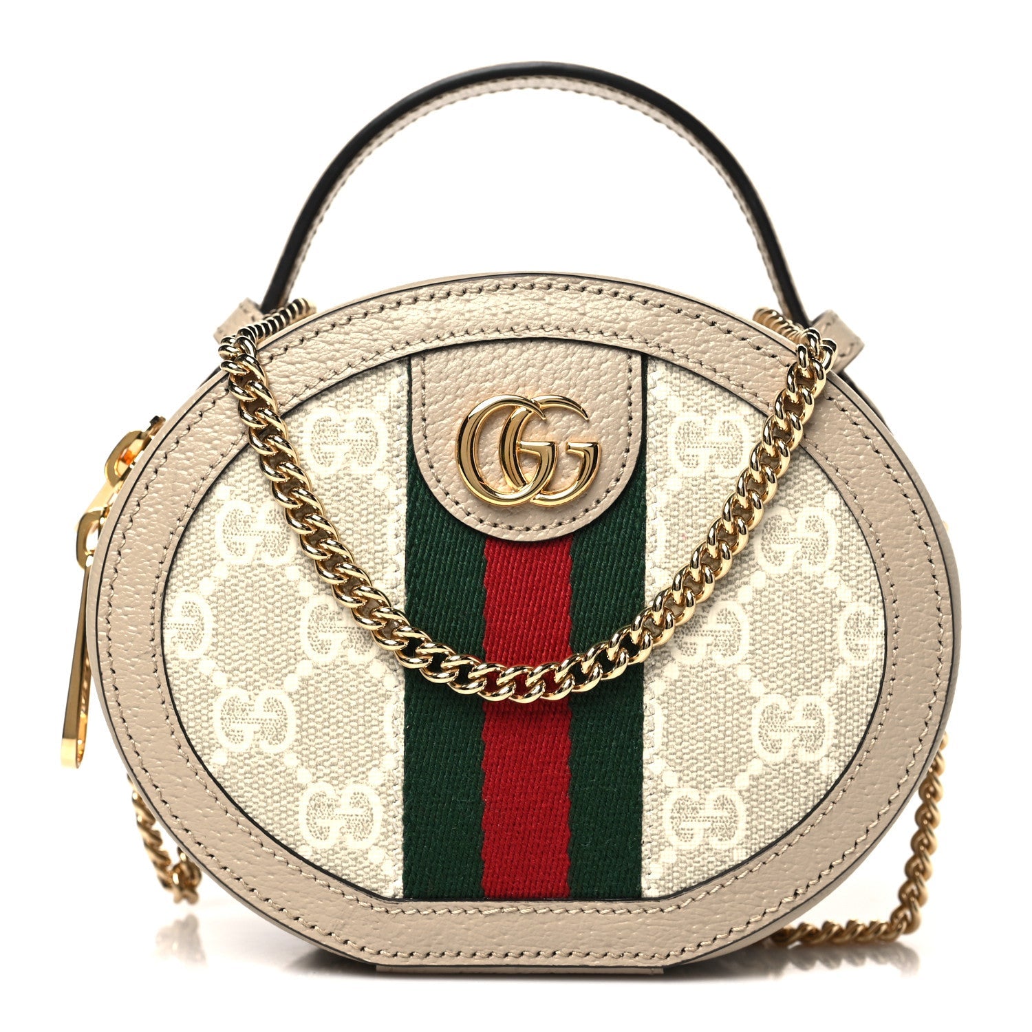 GG Supreme Monogram Top Handle Web Mini Ophidia Round Shoulder Bag Beige Mystic White