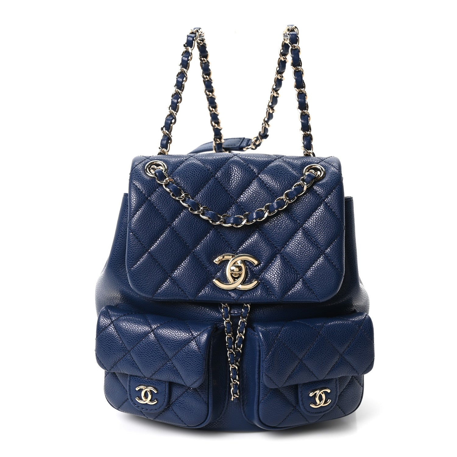 Shiny Caviar Quilted Medium Duma Pockets Drawstring Backpack Dark Blue