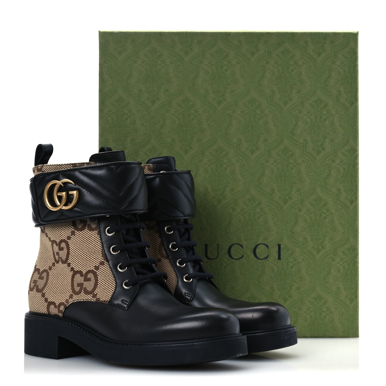 Flores Calfskin Monogram Maxi GG Nappa Matelasse Double G 40mm Ankle Boots 37 Black Camel Ebony