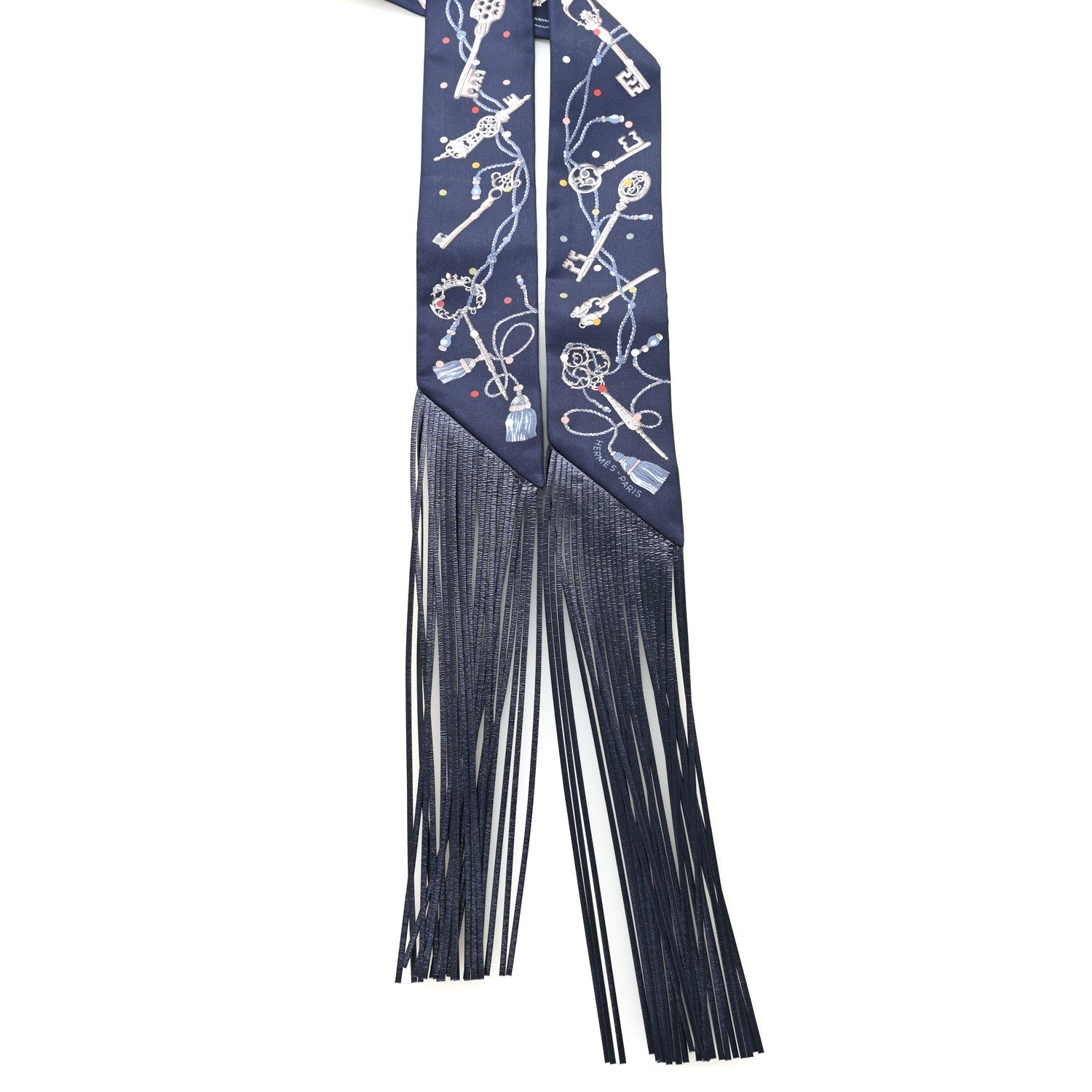 Silk Metallic Agneau Les Cles A Pois Fringed Twilly Bleu Marine Gris Argent Multicolor