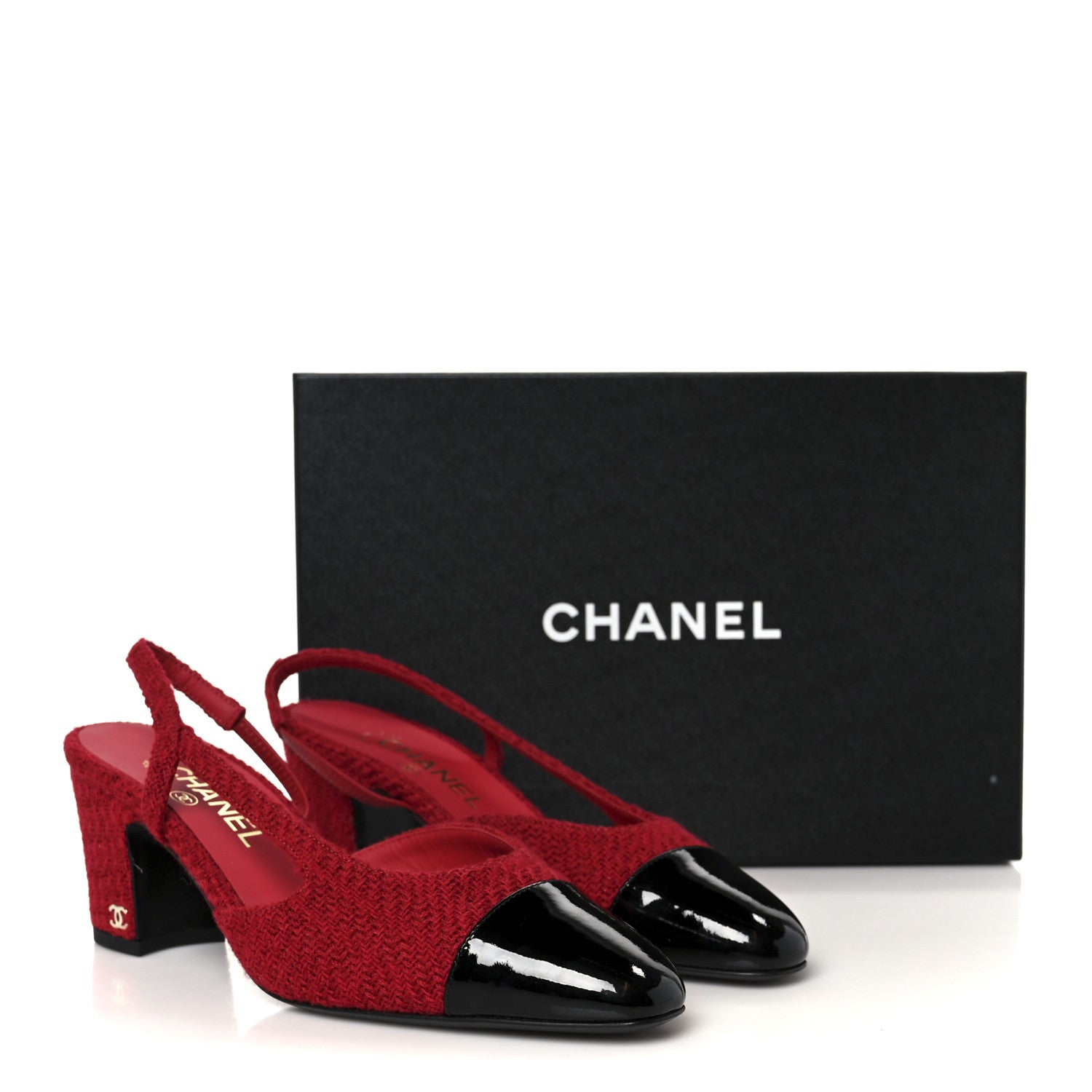 Tweed Patent Cap Toe CC Slingback Pumps 38.5 Red Black