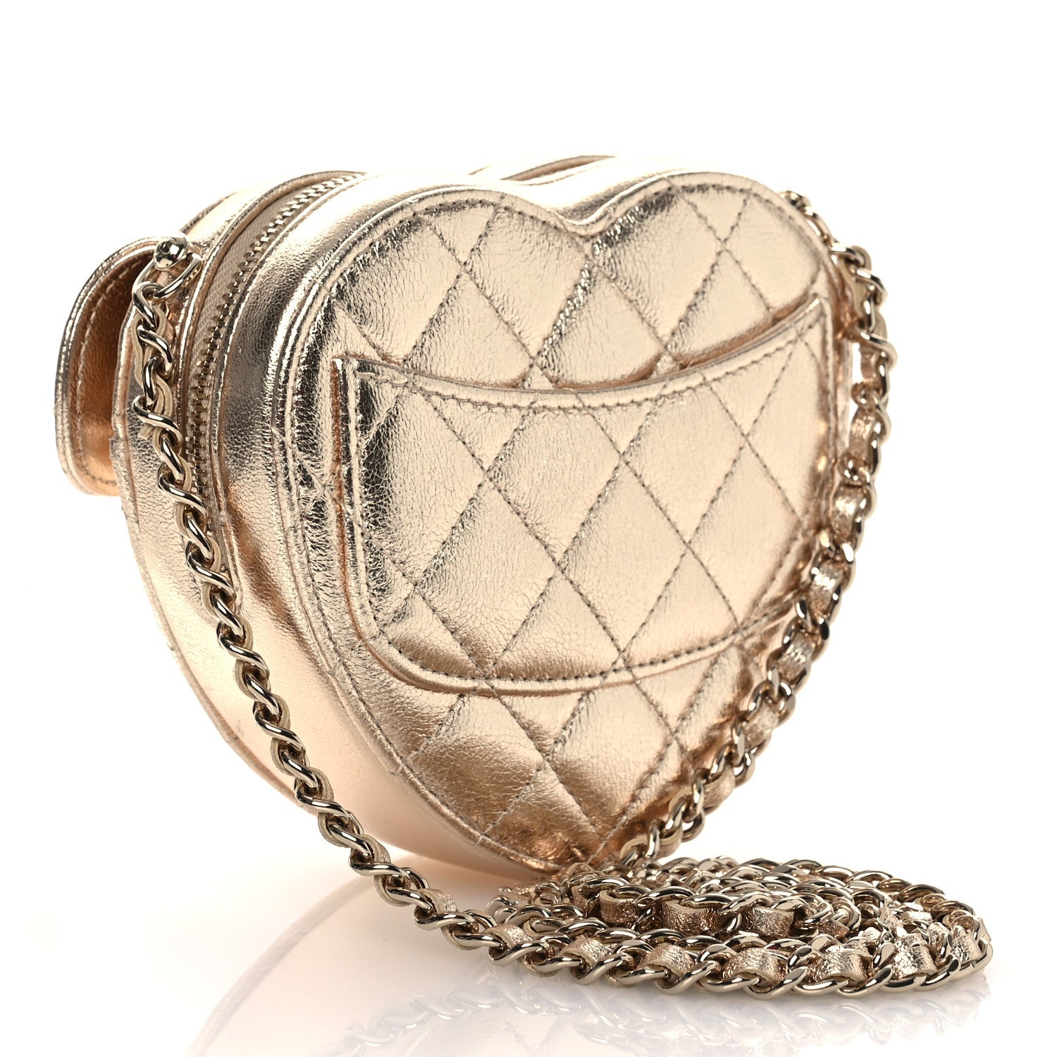 Metallic Lambskin Quilted CC In Love Heart Clutch With Chain Gold