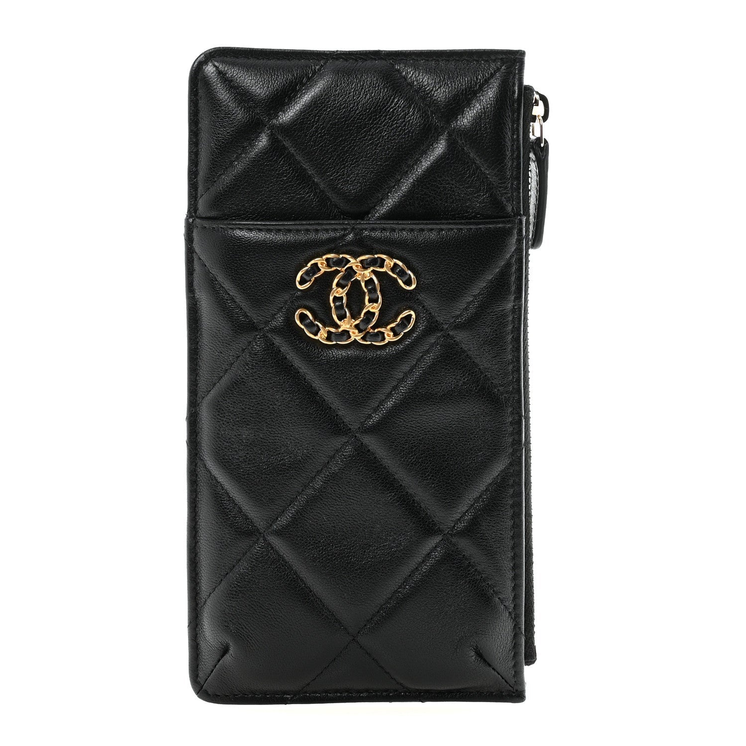 Goatskin Quilted Chanel 19 Flat Wallet Pouch Black