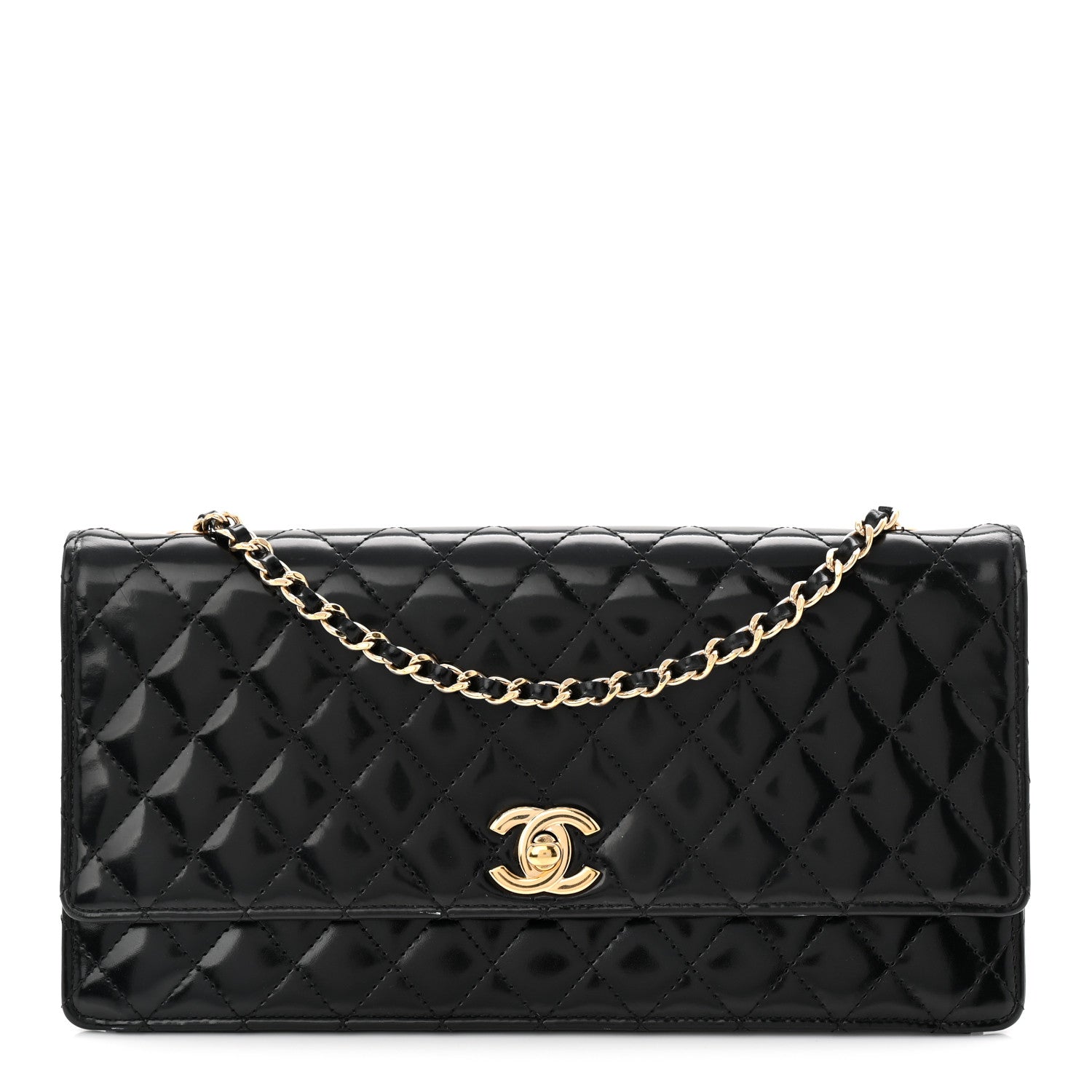 Patent Calfskin Quilted East West Flap Shoulder Bag Black
