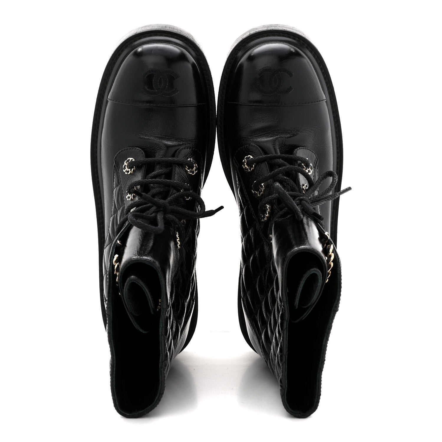 Shiny Goatskin Calfskin Quilted Lace Up Combat Boots 38.5 Black