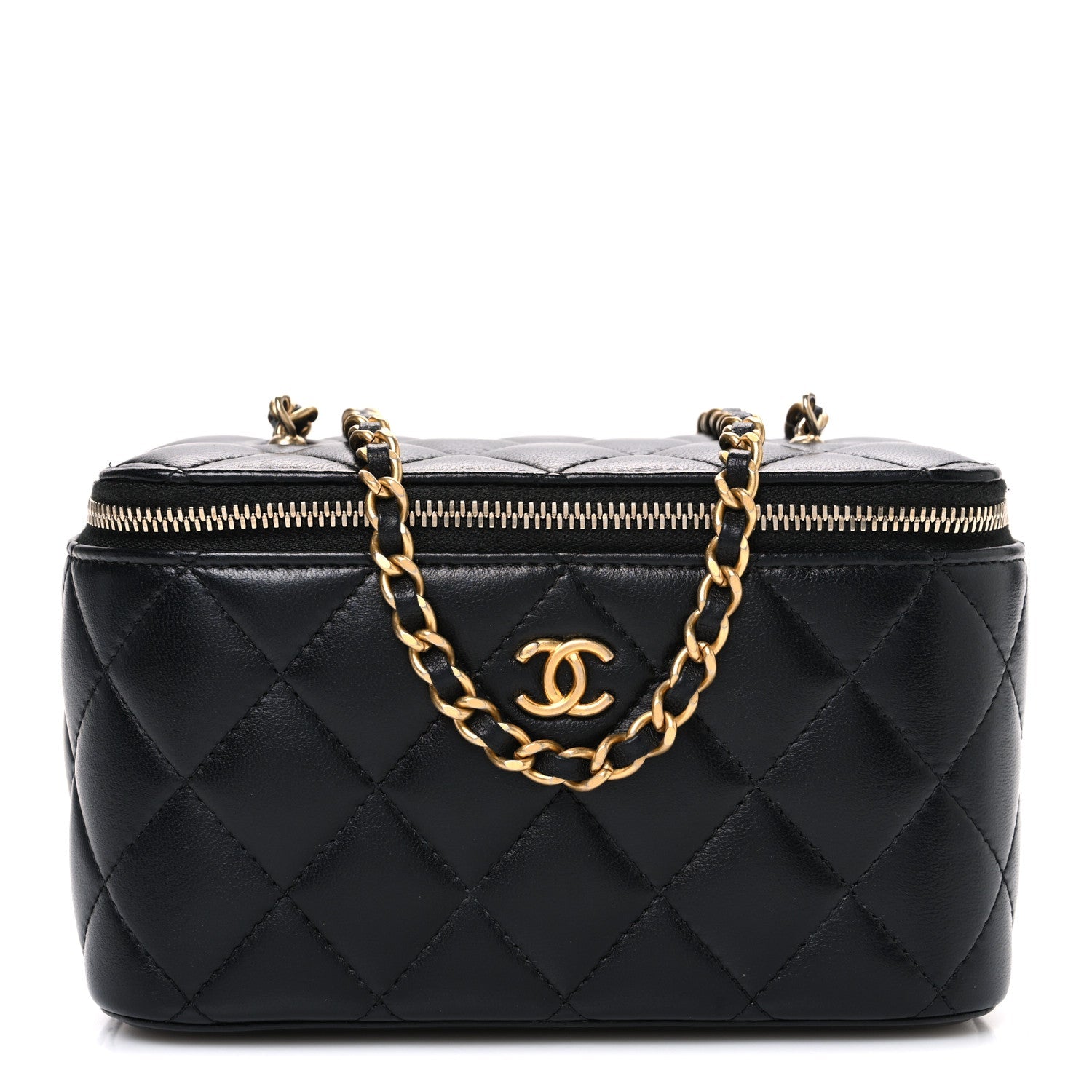 Lambskin Quilted Pearl Crush Small Vanity Case With Chain Black