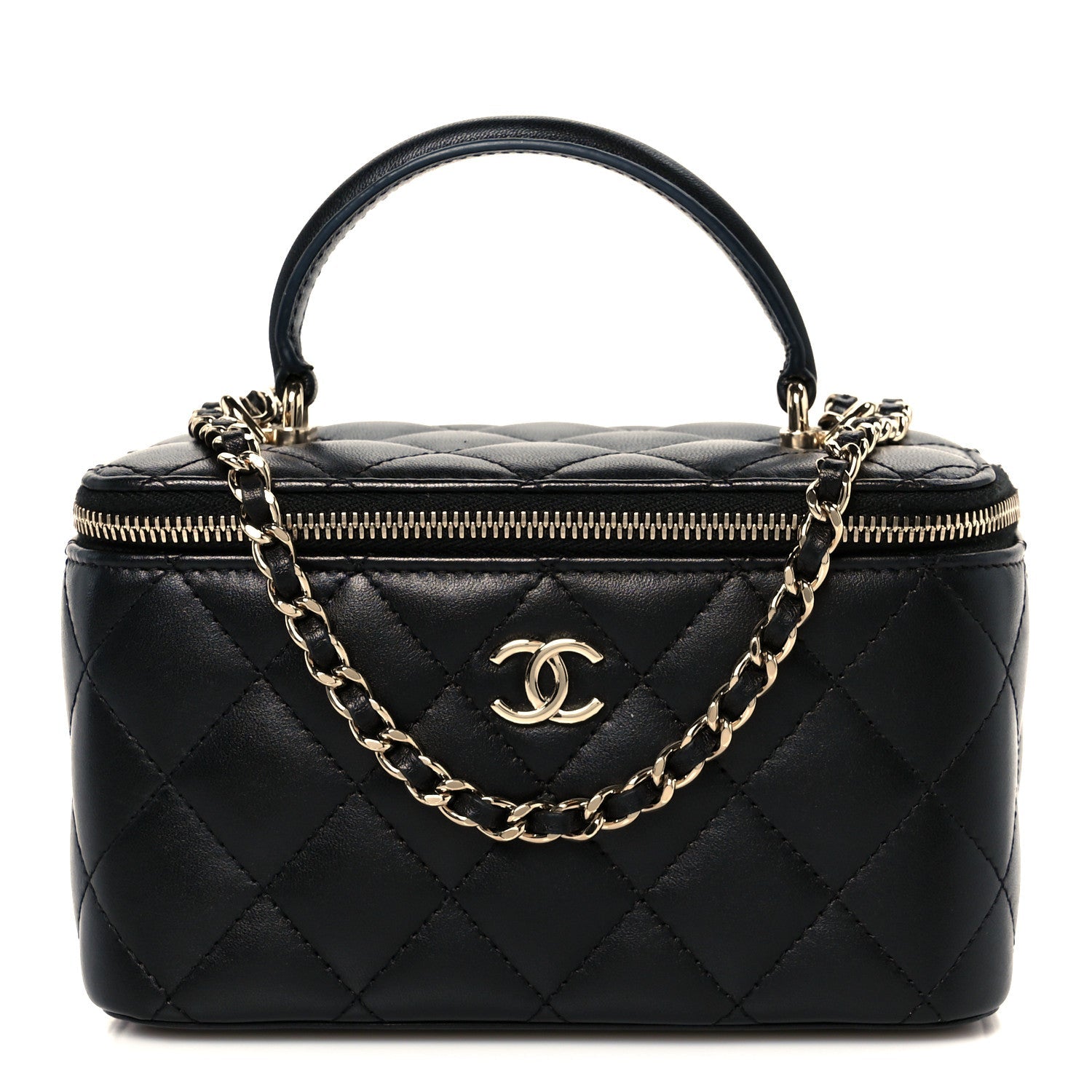 Lambskin Quilted Small Top Handle Vanity Case With Chain Black