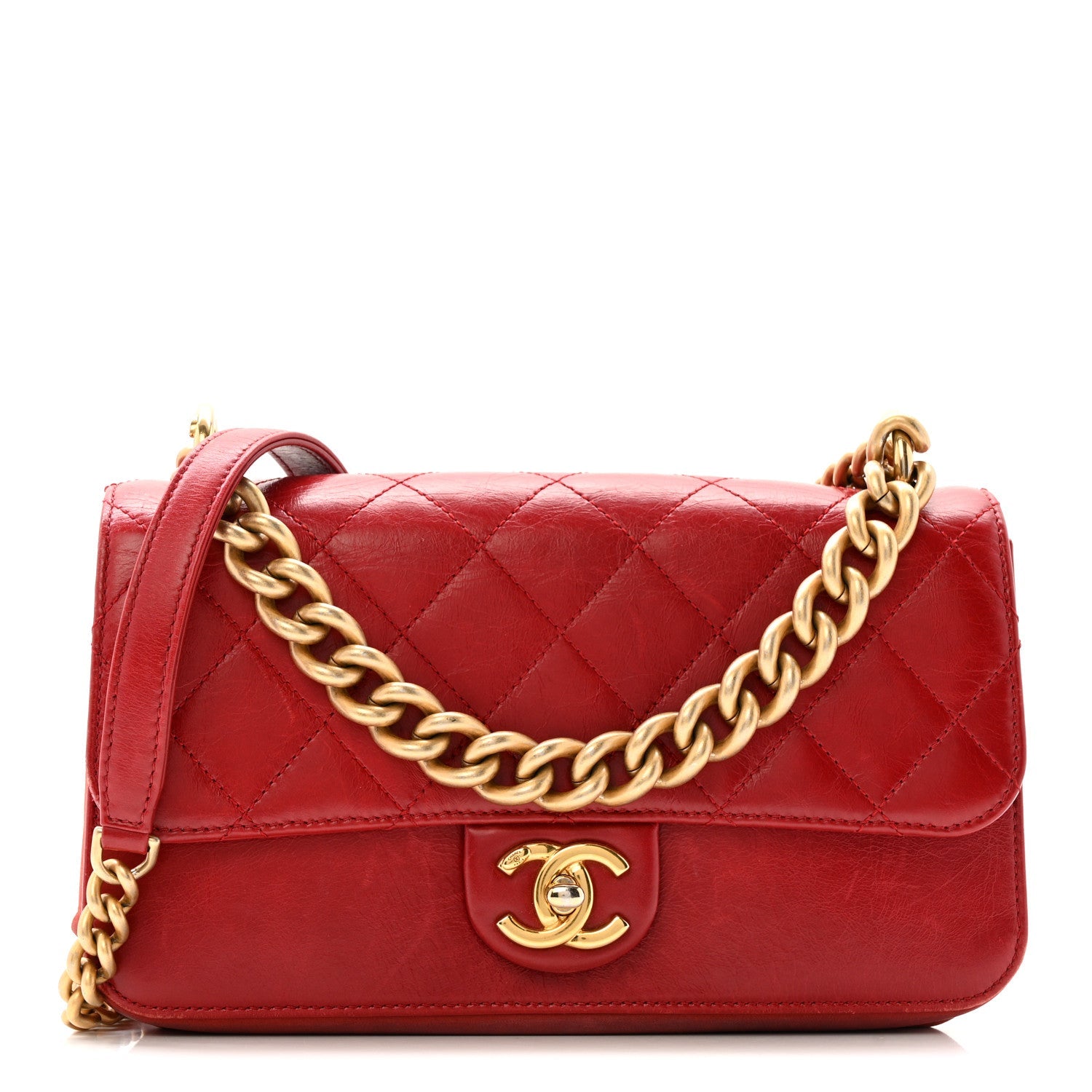 Iridescent Calfskin Quilted Small Straight Lined Flap Red