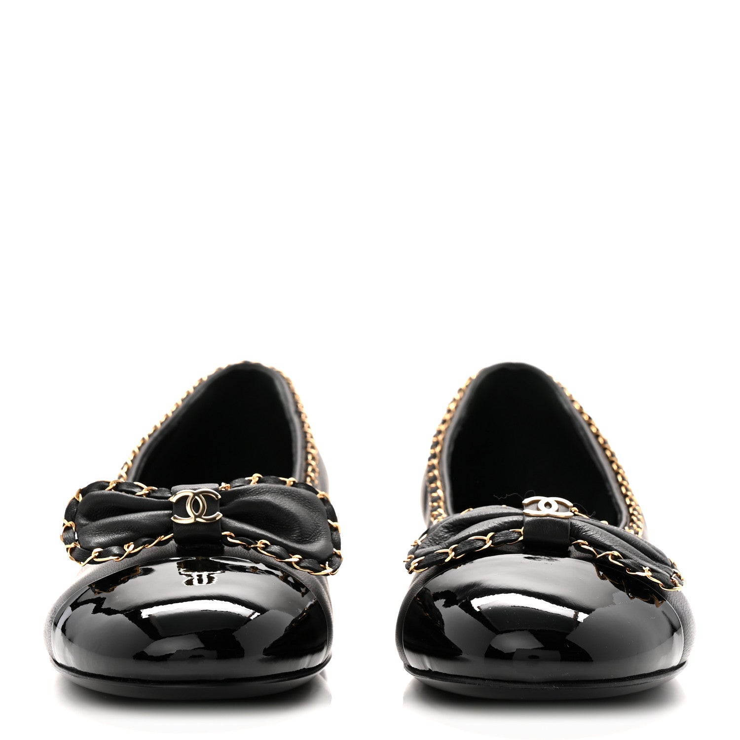 Lambskin Patent Cap Toe Chain Around Ballerina Flats 36 Black