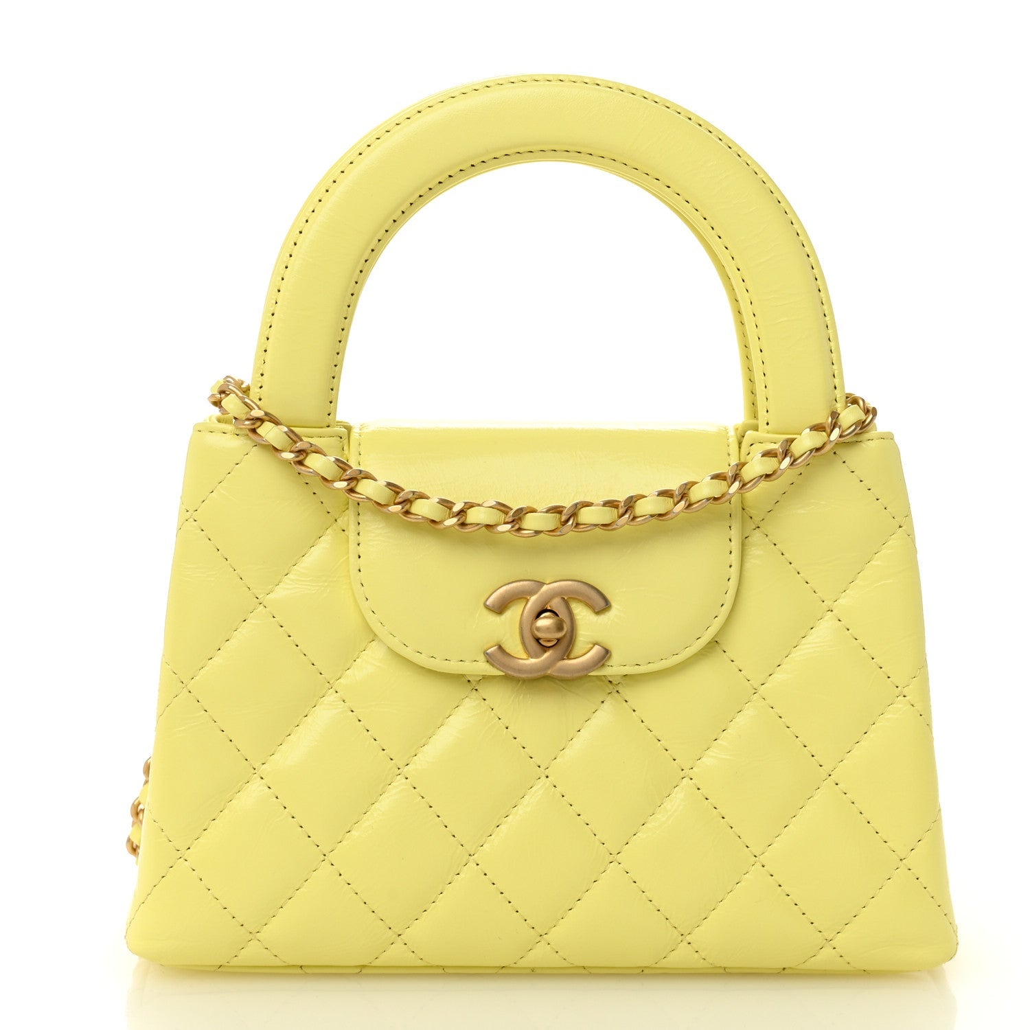 Shiny Aged Calfskin Quilted Nano Kelly Shopper Light Yellow