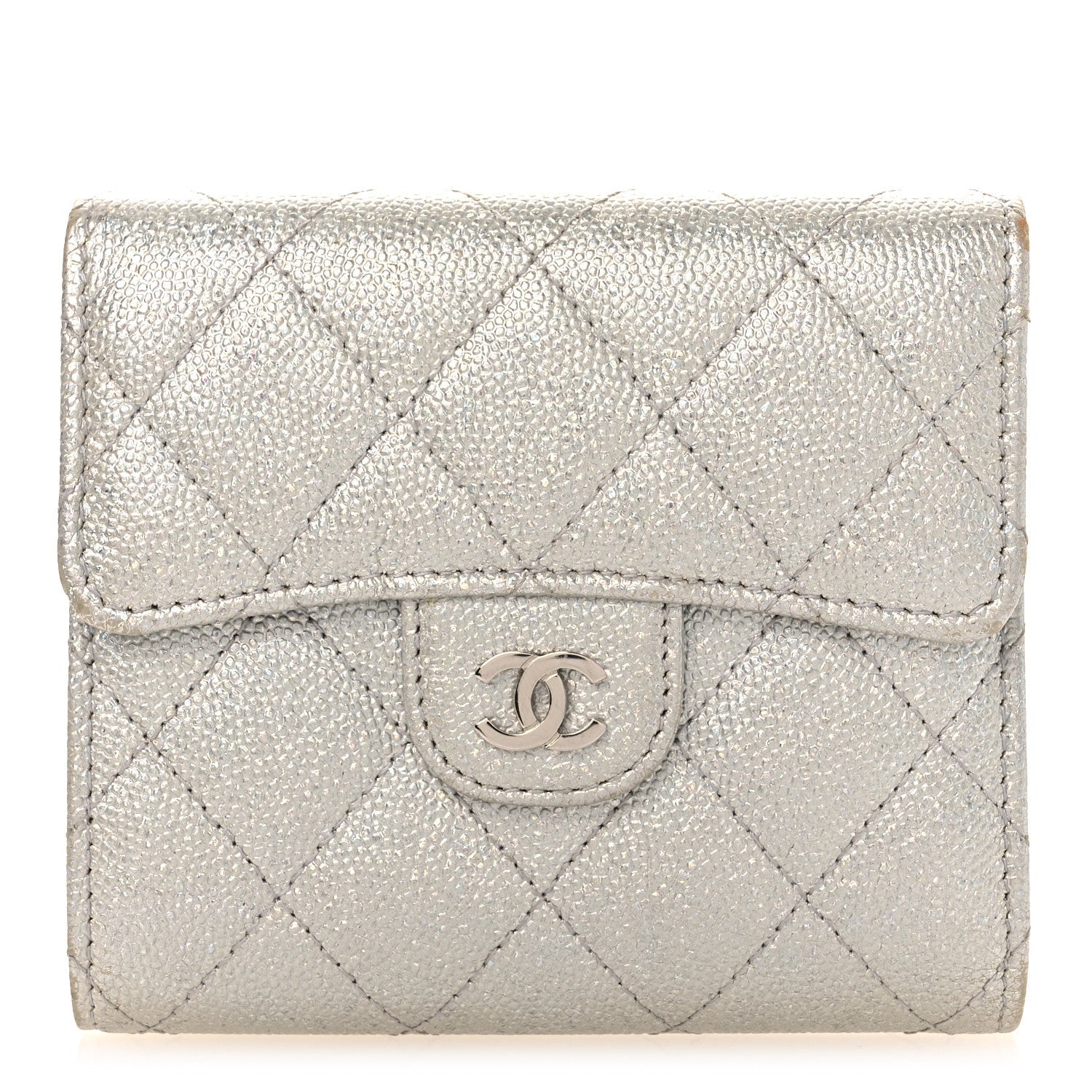 Metallic Caviar Quilted Compact Flap Wallet Silver