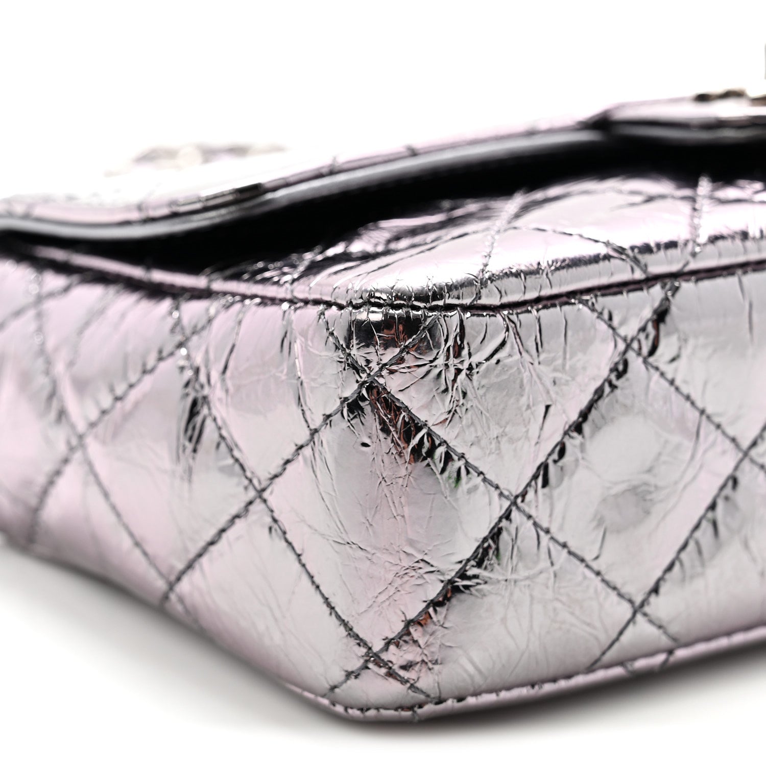 Crumpled Metallic Calfskin Quilted Ring Handle Mini Flap Silver