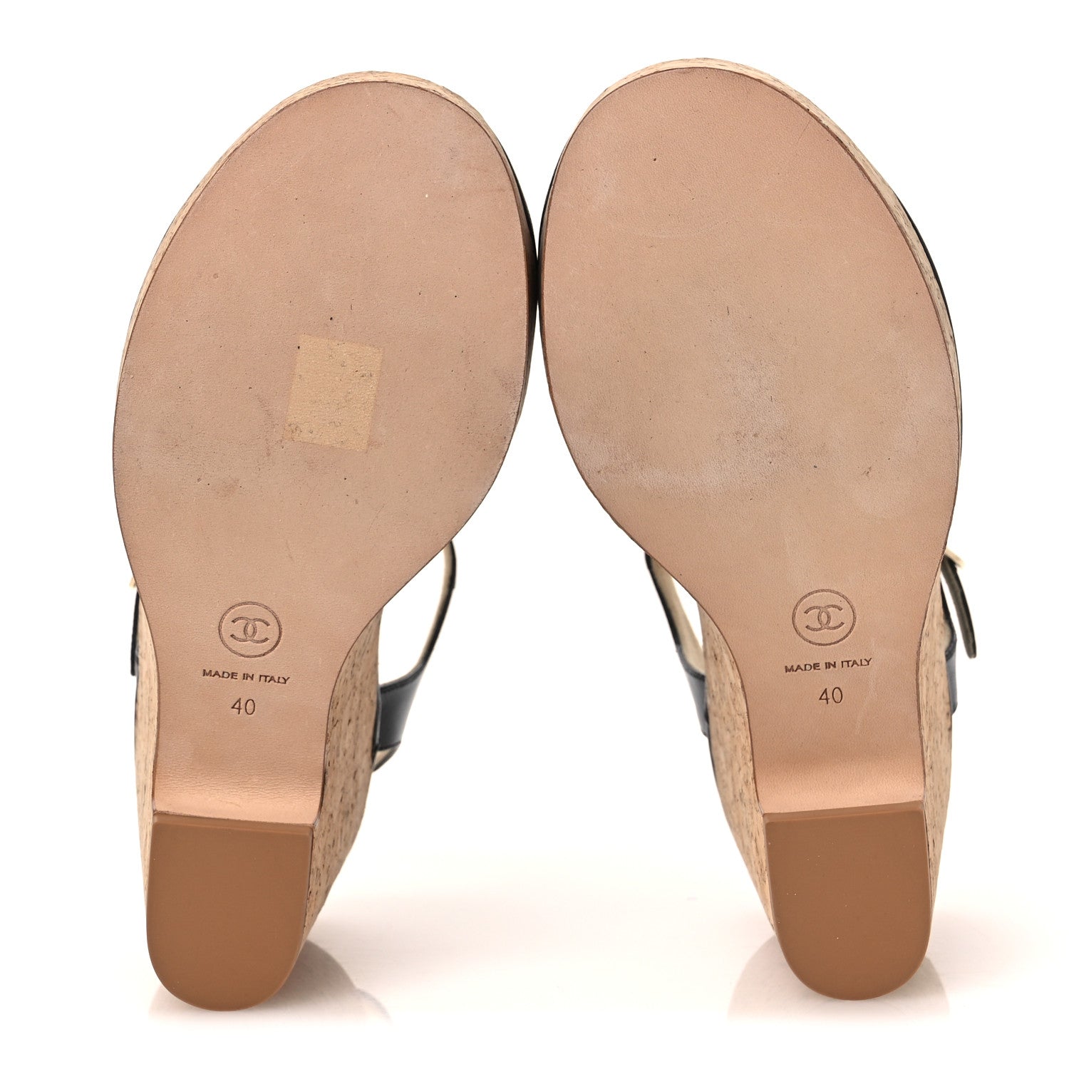 Shiny Lambskin Cork Wedge Sandals 40 Black