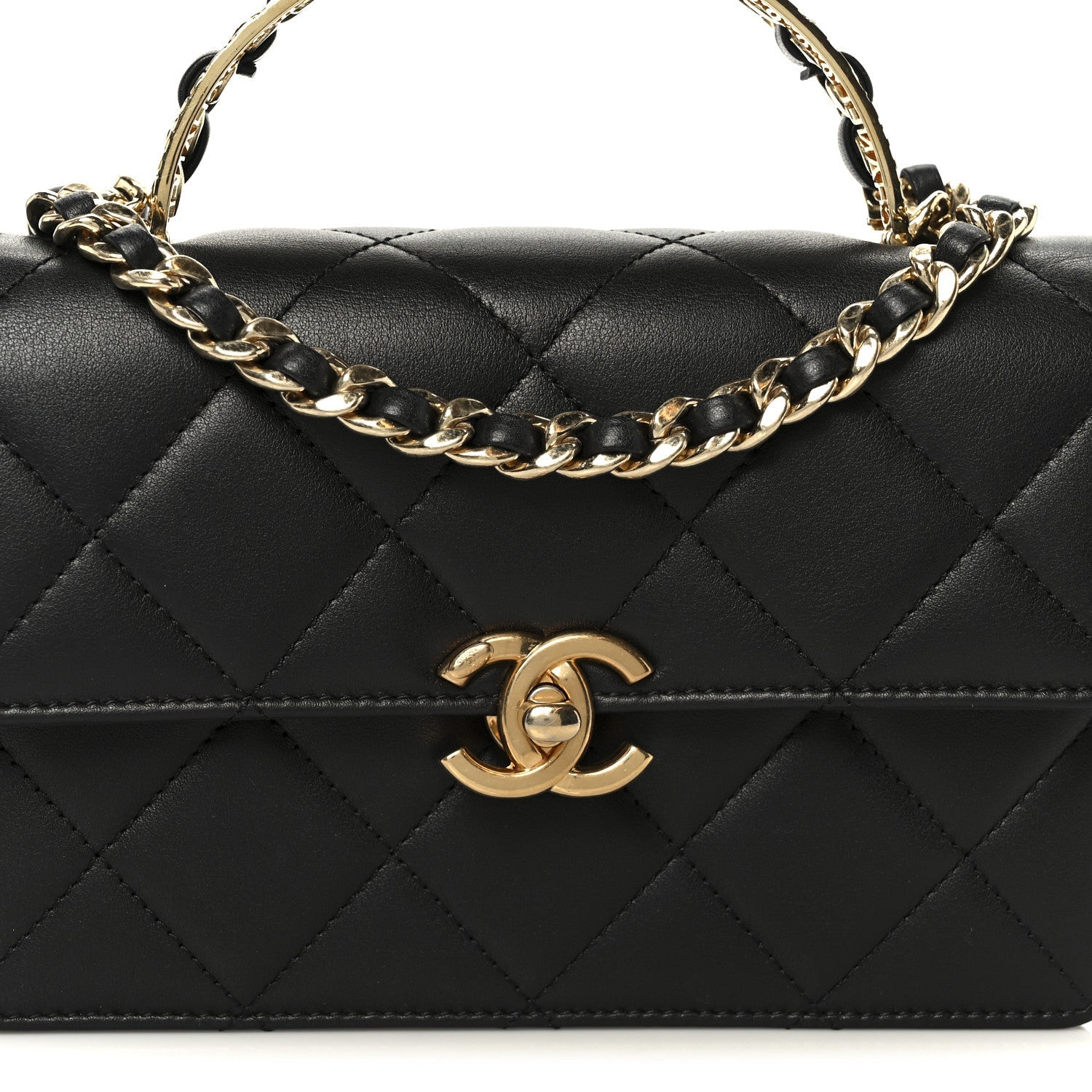 Shiny Calfskin Quilted Mini Metal Top Handle Flap Black