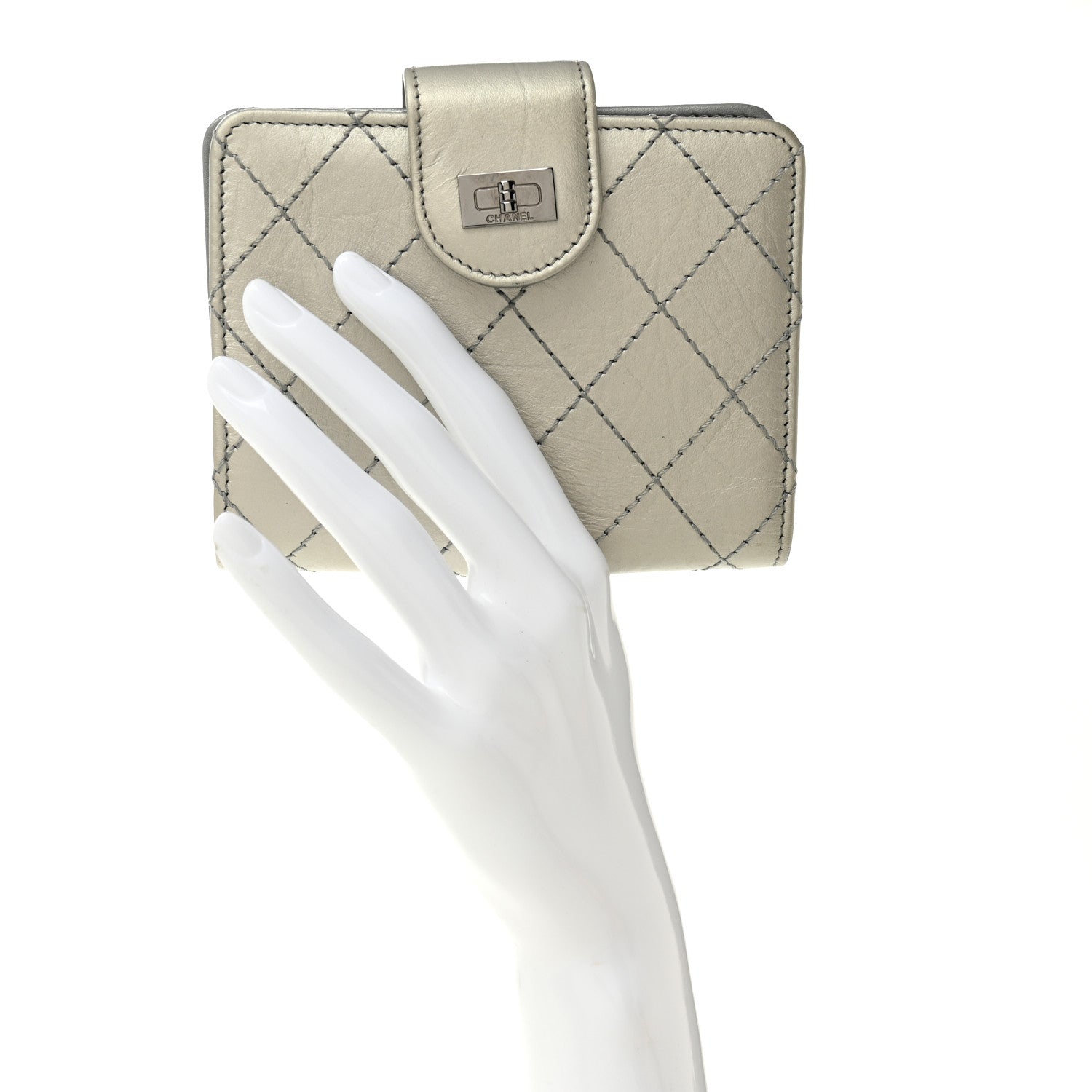 Metallic Aged Calfskin Stitched Reissue Compact Wallet  Silver