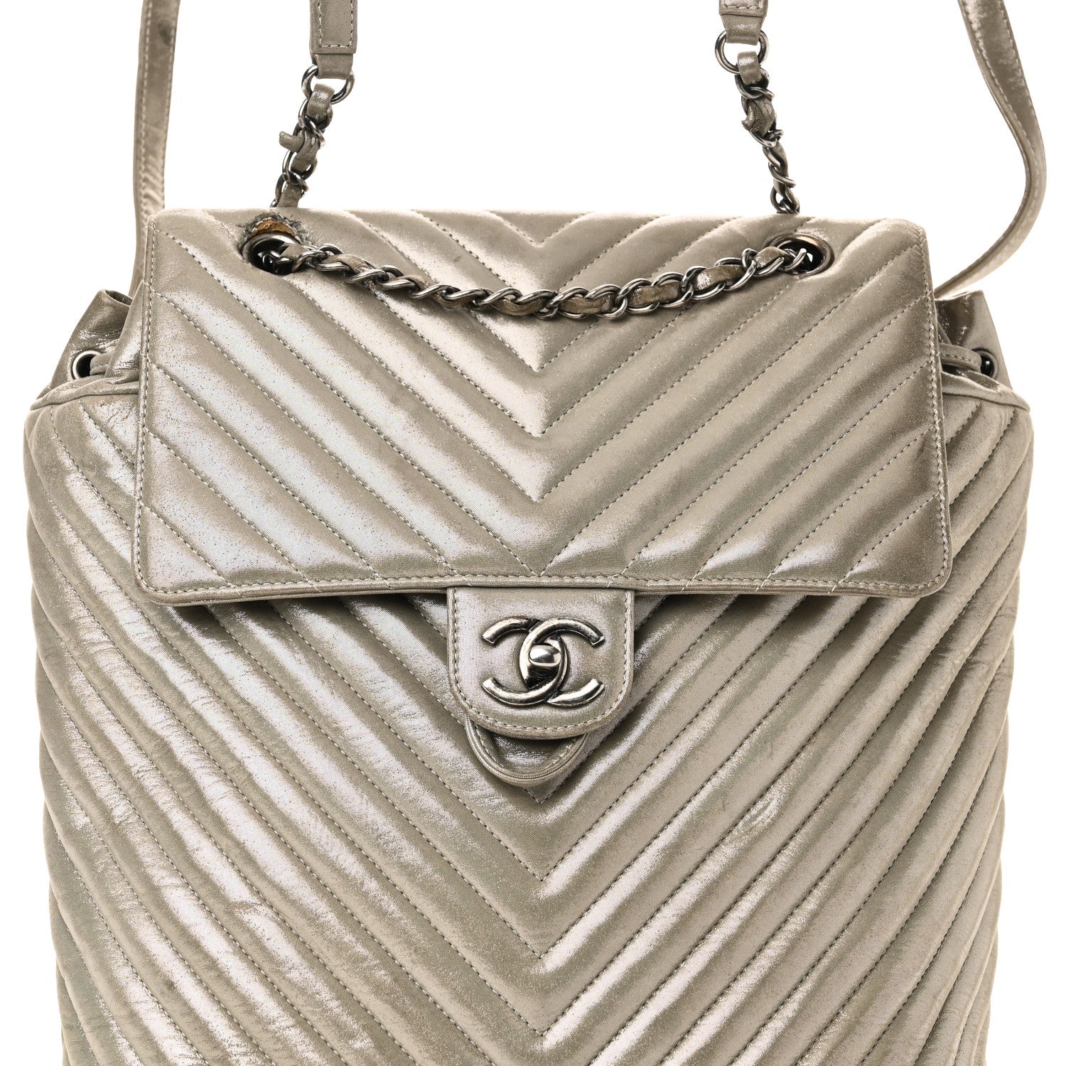 Iridescent Calfskin Chevron Quilted Large Urban Spirit Backpack Silver