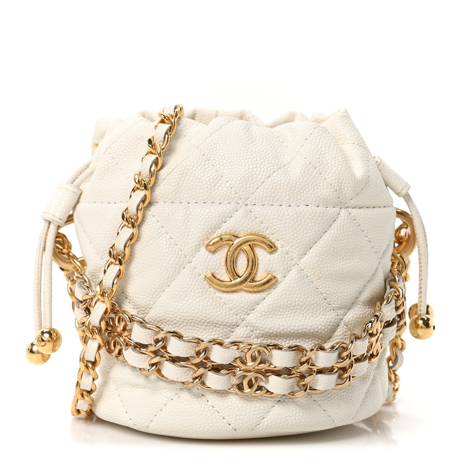 Caviar Quilted Coco First Bucket Clutch With Chain White