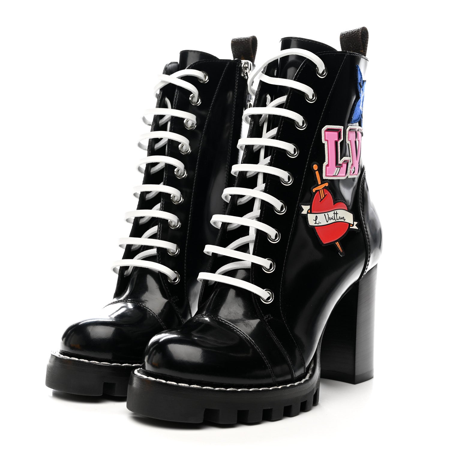 Patent Calfskin Monogram LV Black Heart Star Trail Ankle Boots 35 Black