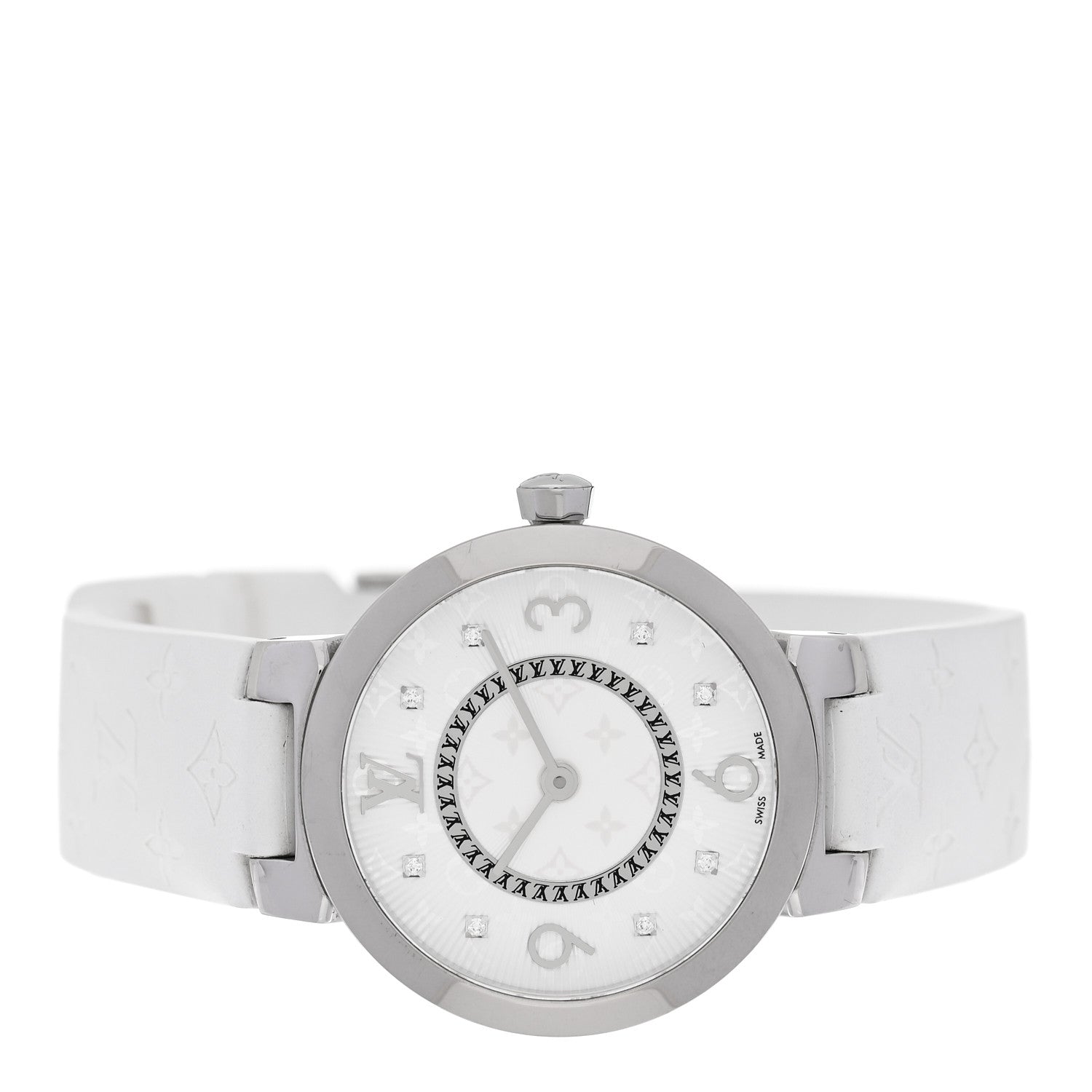 Stainless Steel Rubber Diamond 28mm Tambour Slim Quartz Watch White